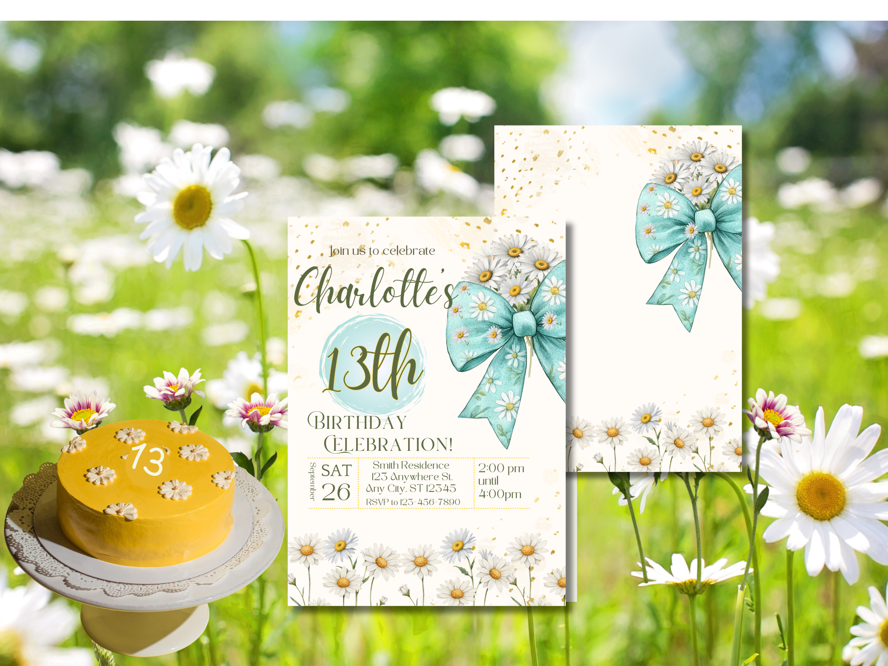 13th Birthday Invitation Girl Canva Template, Editable Daisy Bow Floral Tween Party Invite, Printable Teen Girl Birthday Card Download