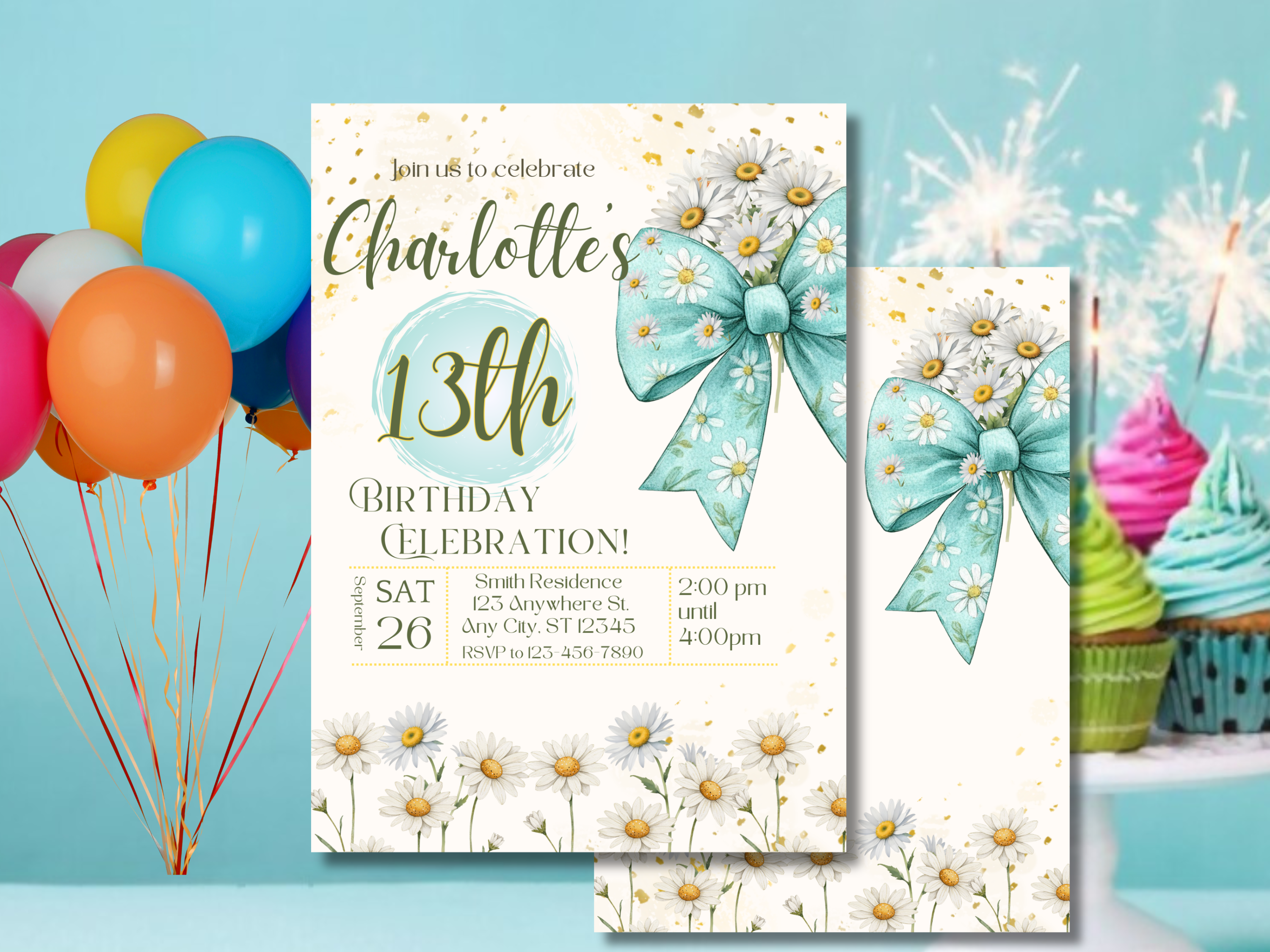 13th Birthday Invitation Girl Canva Template, Editable Daisy Bow Floral Tween Party Invite, Printable Teen Girl Birthday Card Download