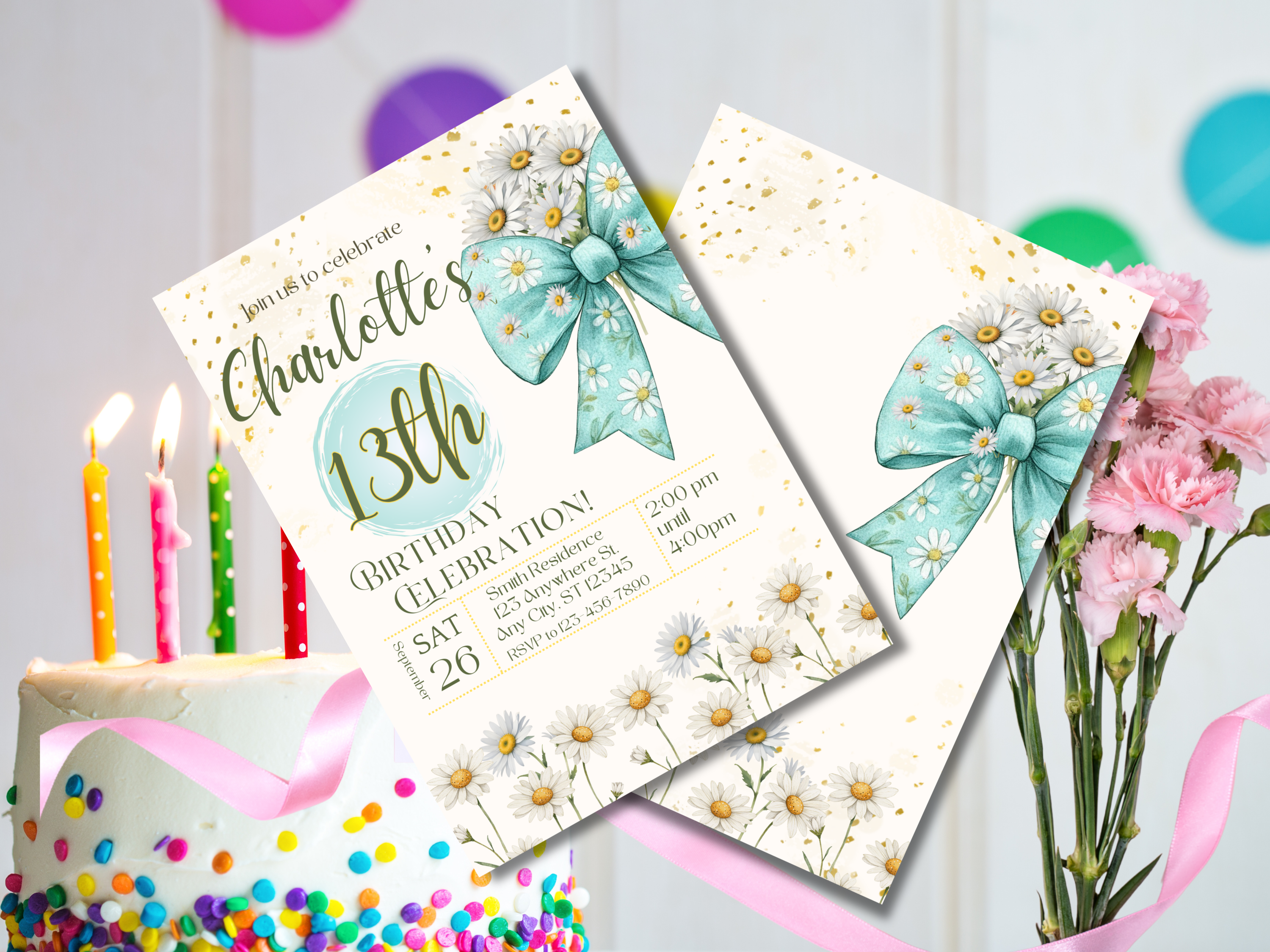 13th Birthday Invitation Girl Canva Template, Editable Daisy Bow Floral Tween Party Invite, Printable Teen Girl Birthday Card Download