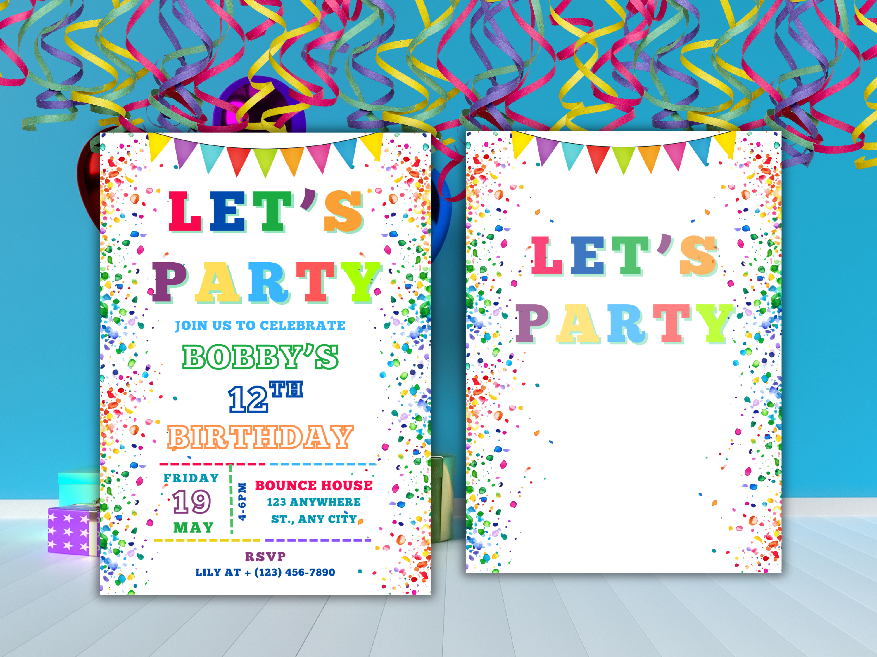 Let's Party Birthday Invitation, Editable Canva Template,  Rainbow Kids Party Card Printable Download with Thank You Tag Front & Back Design