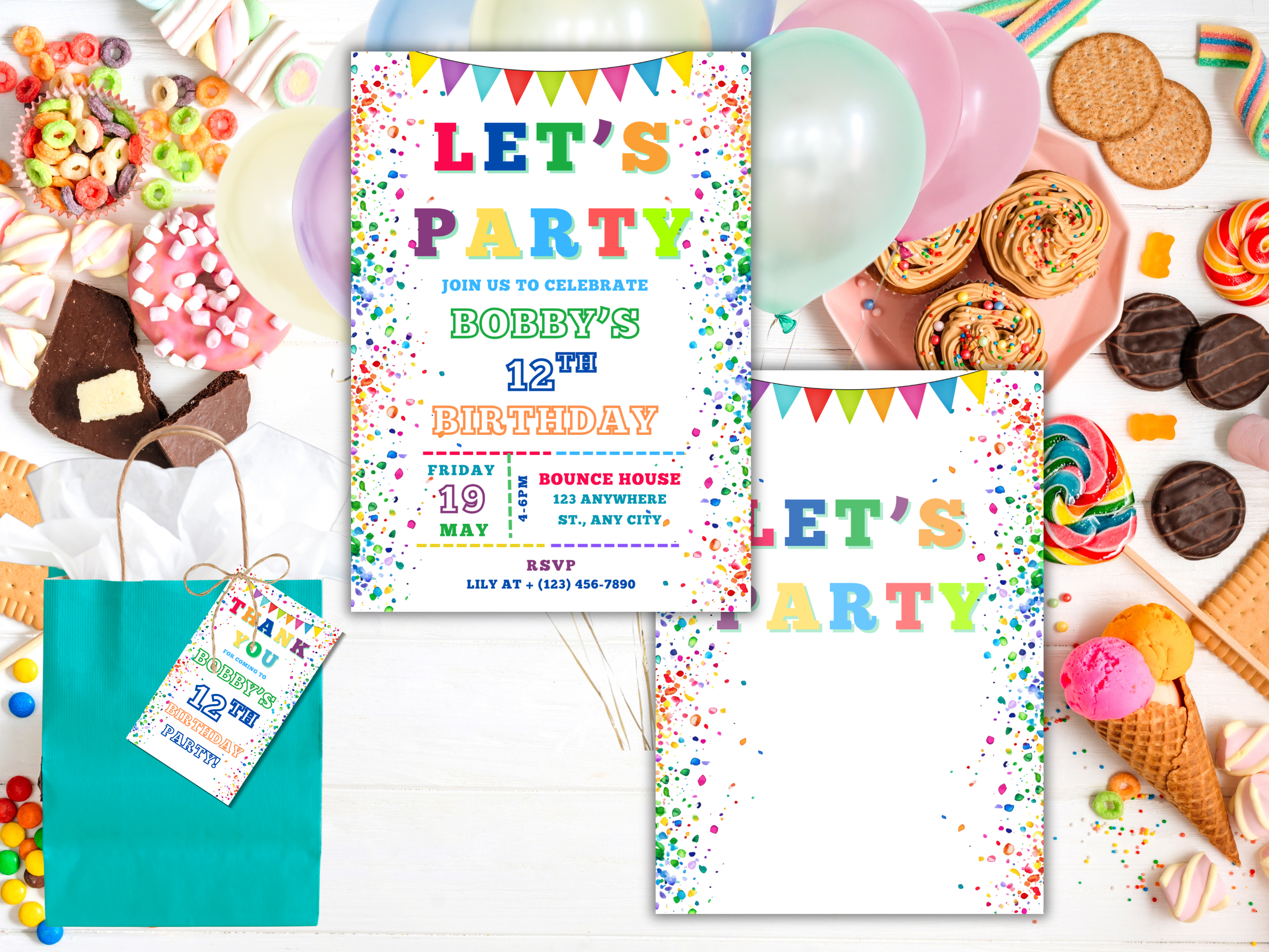 Let's Party Birthday Invitation, Editable Canva Template, Rainbow Kids Party Card Printable Download with Thank You Tag Front & Back Design