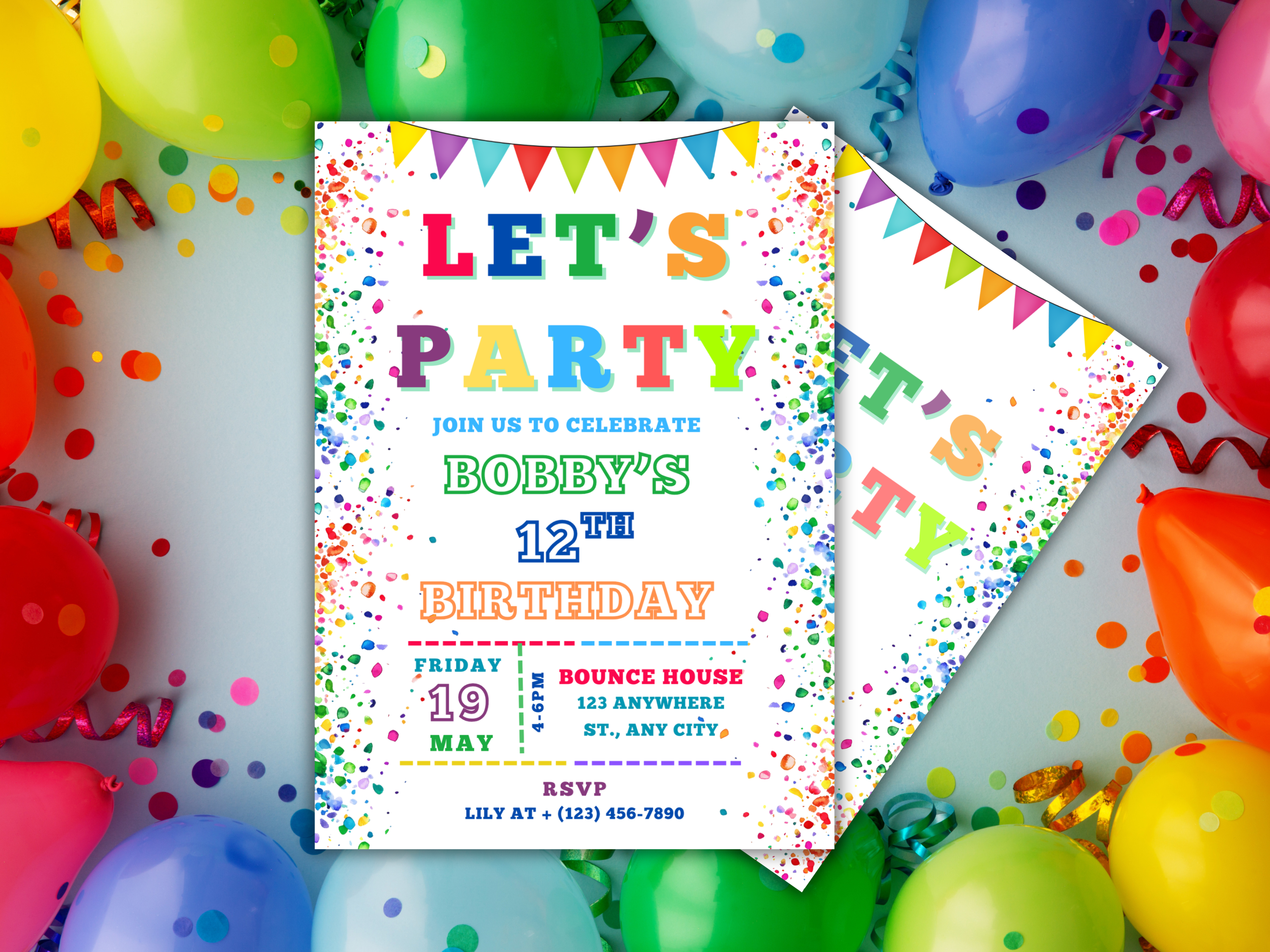 Let's Party Birthday Invitation, Editable Canva Template,  Rainbow Kids Party Card Printable Download with Thank You Tag Front & Back Design