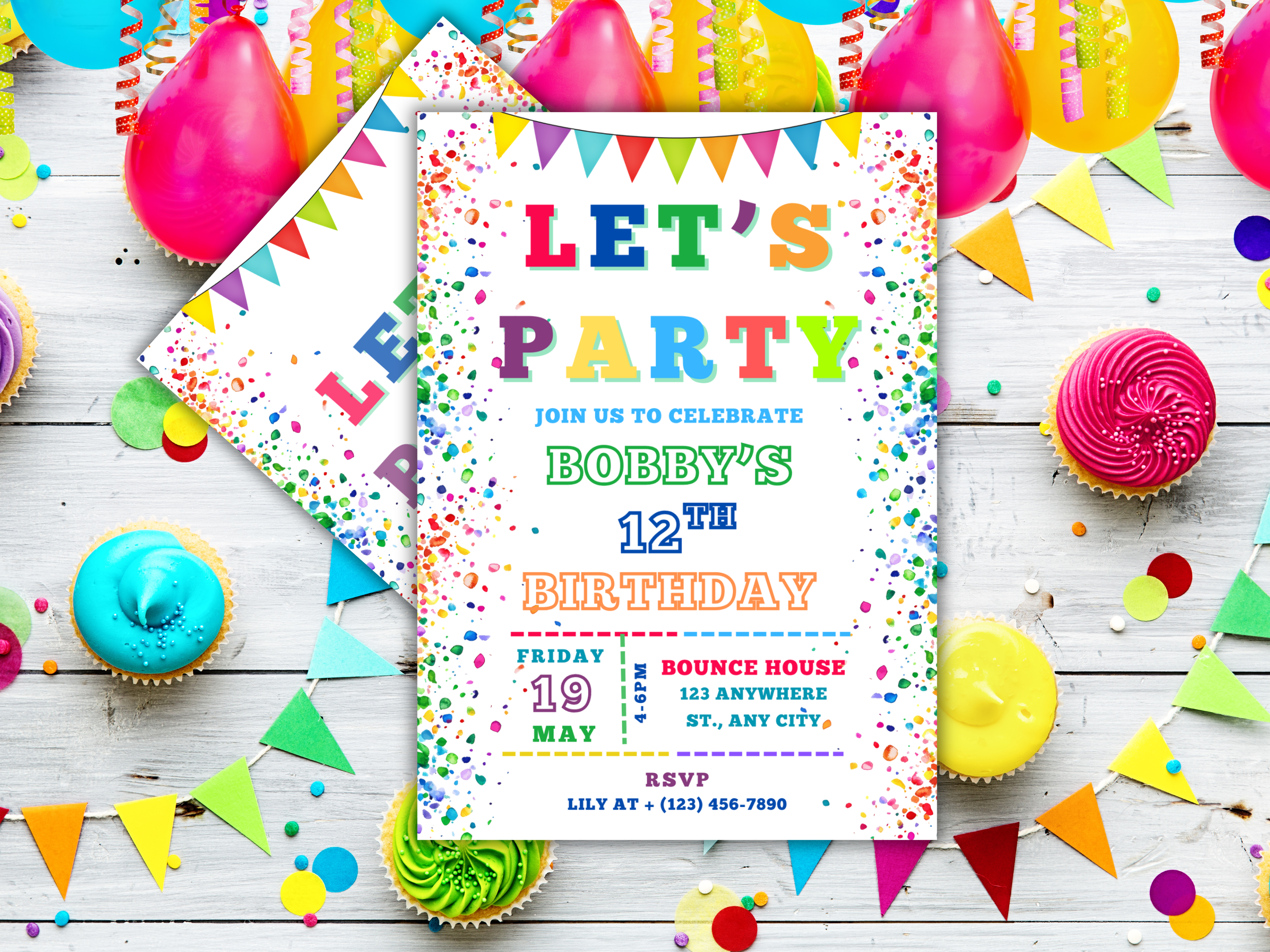 Let's Party Birthday Invitation, Editable Canva Template,  Rainbow Kids Party Card Printable Download with Thank You Tag Front & Back Design