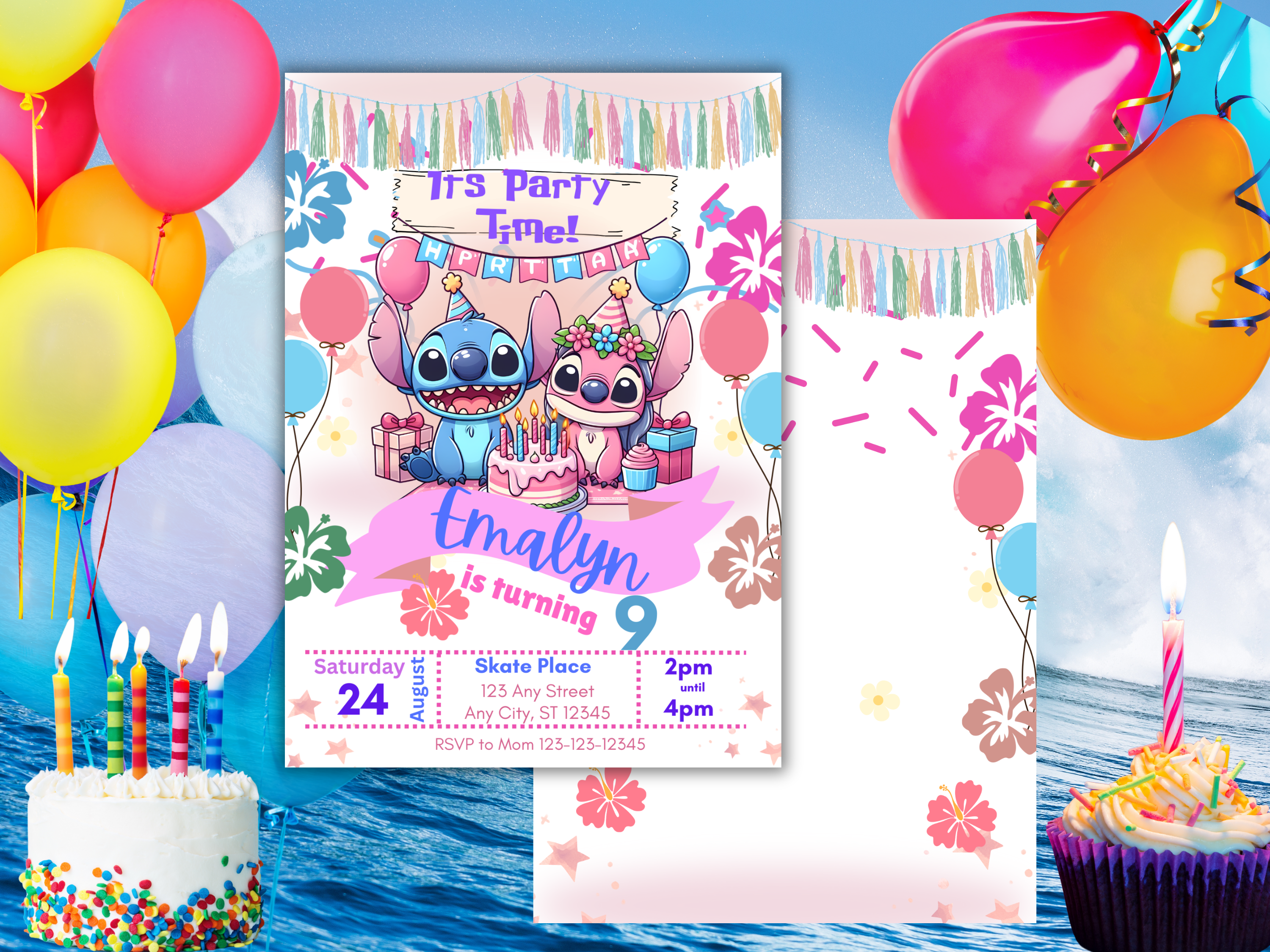 Stitch and Angel Birthday Invitation Template | Editable Tropical Kids Party Invite