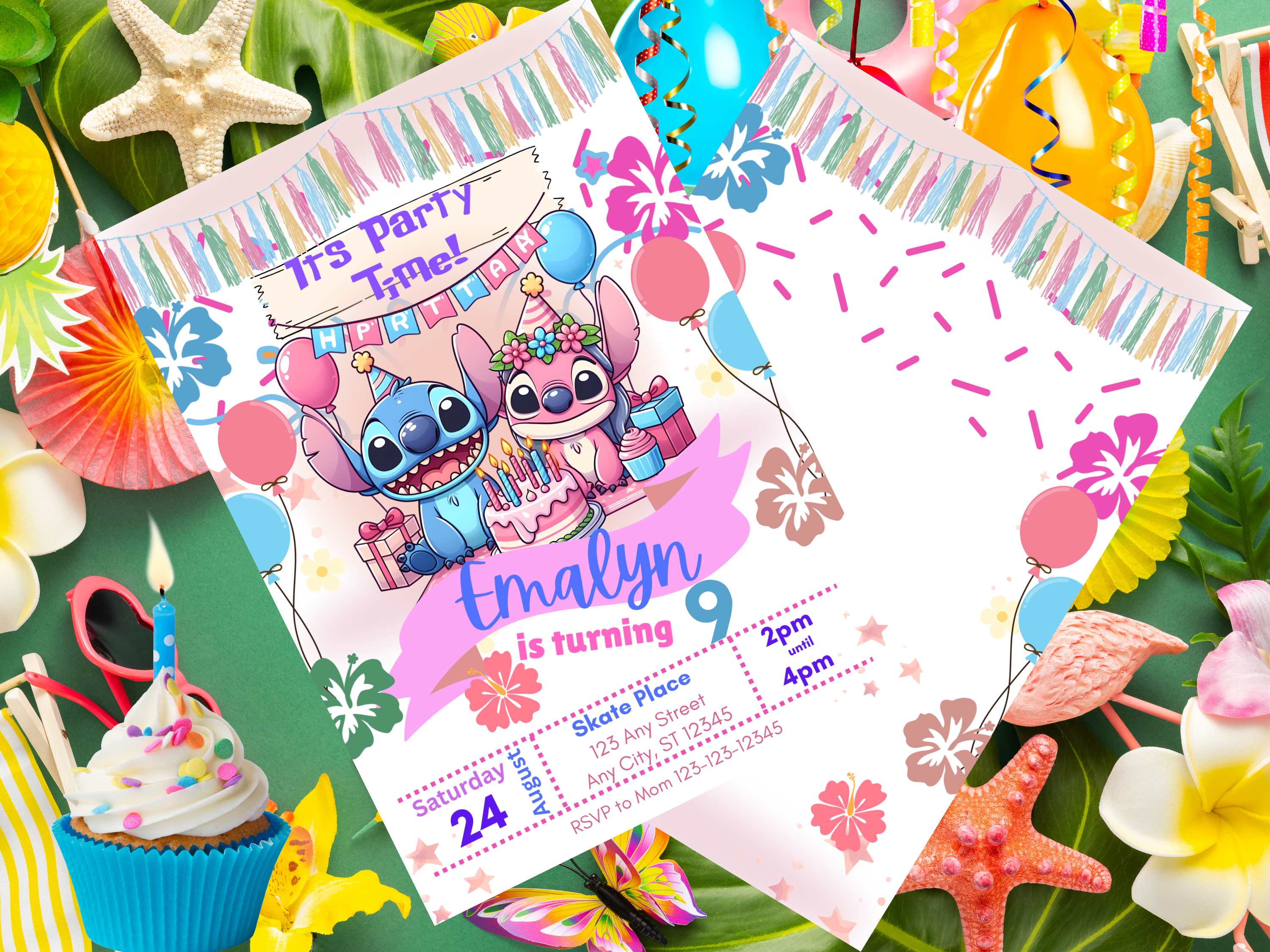 Stitch and Angel Birthday Invitation Template | Editable Tropical Kids Party Invite 