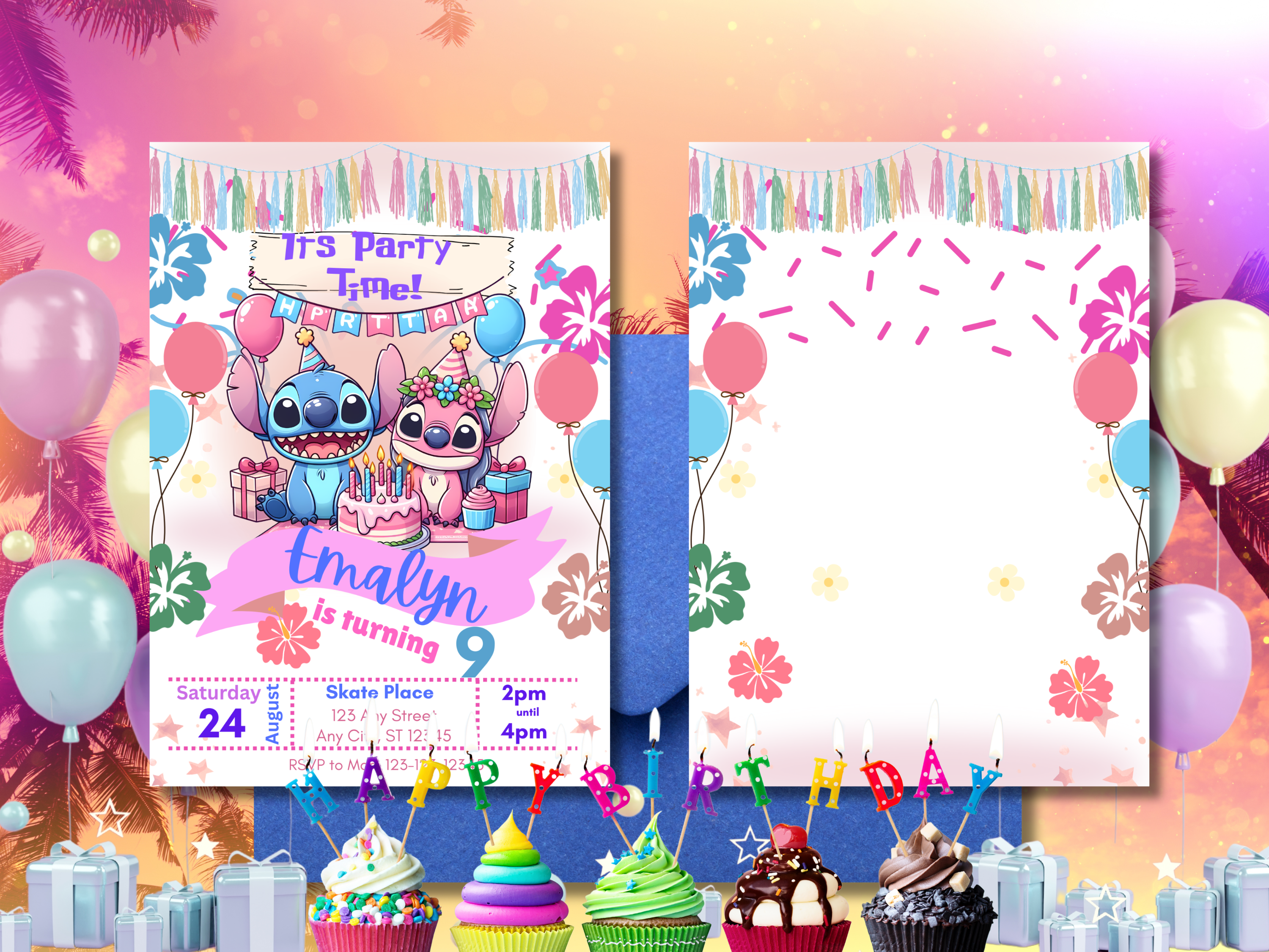 Stitch and Angel Birthday Invitation Template | Editable Tropical Kids Party Invite 