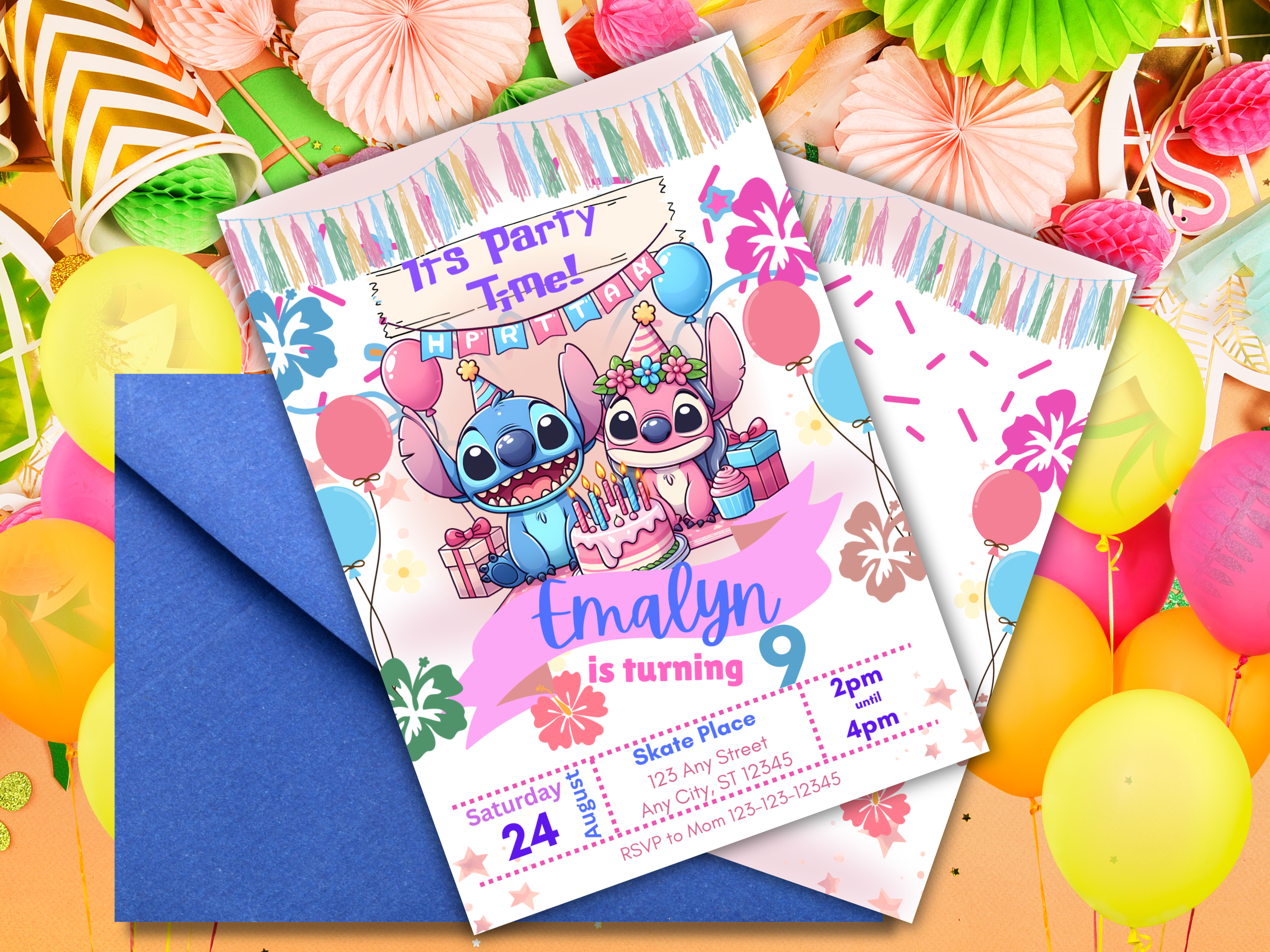 Stitch and Angel Birthday Invitation Template | Editable Tropical Kids Party Invite 