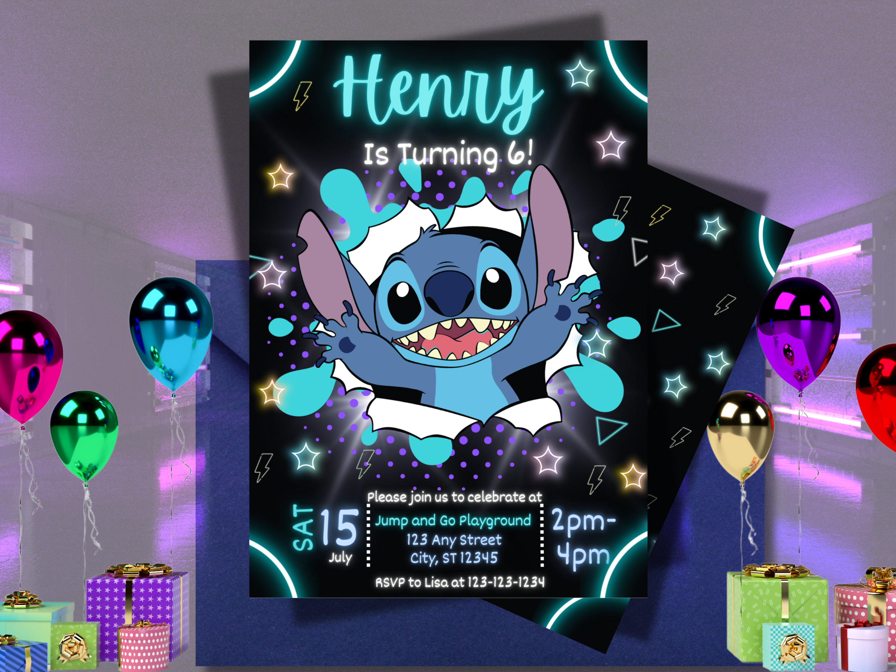 Neon Stitch Birthday Invitation Template | Editable Canva Invite for Kids | Glow Party Printable | Boy or Girl Birthday | 2 Page Design