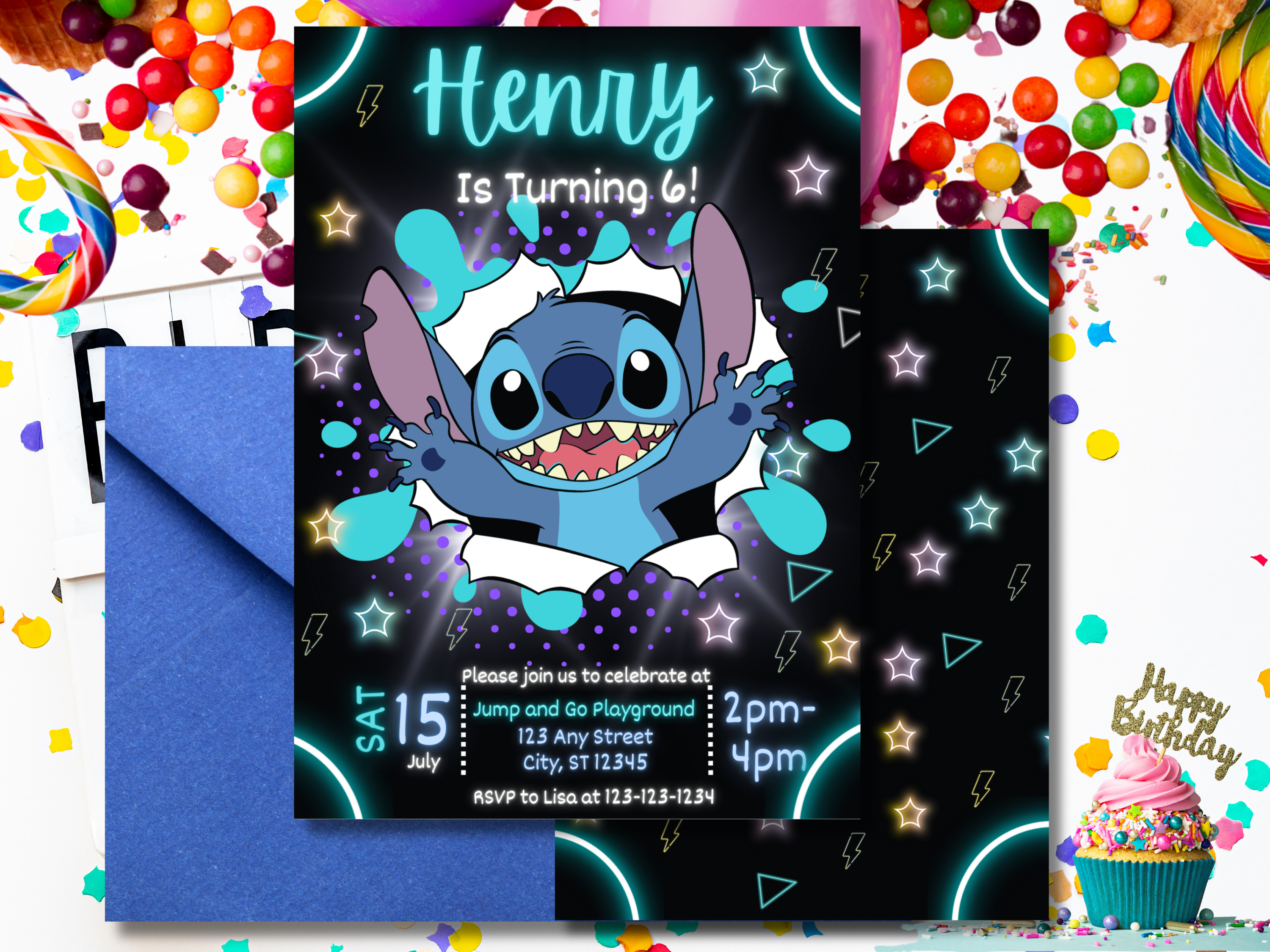 Neon Stitch Birthday Invitation Template | Editable Canva Invite for Kids | Glow Party Printable | Boy or Girl Birthday | 2 Page Design