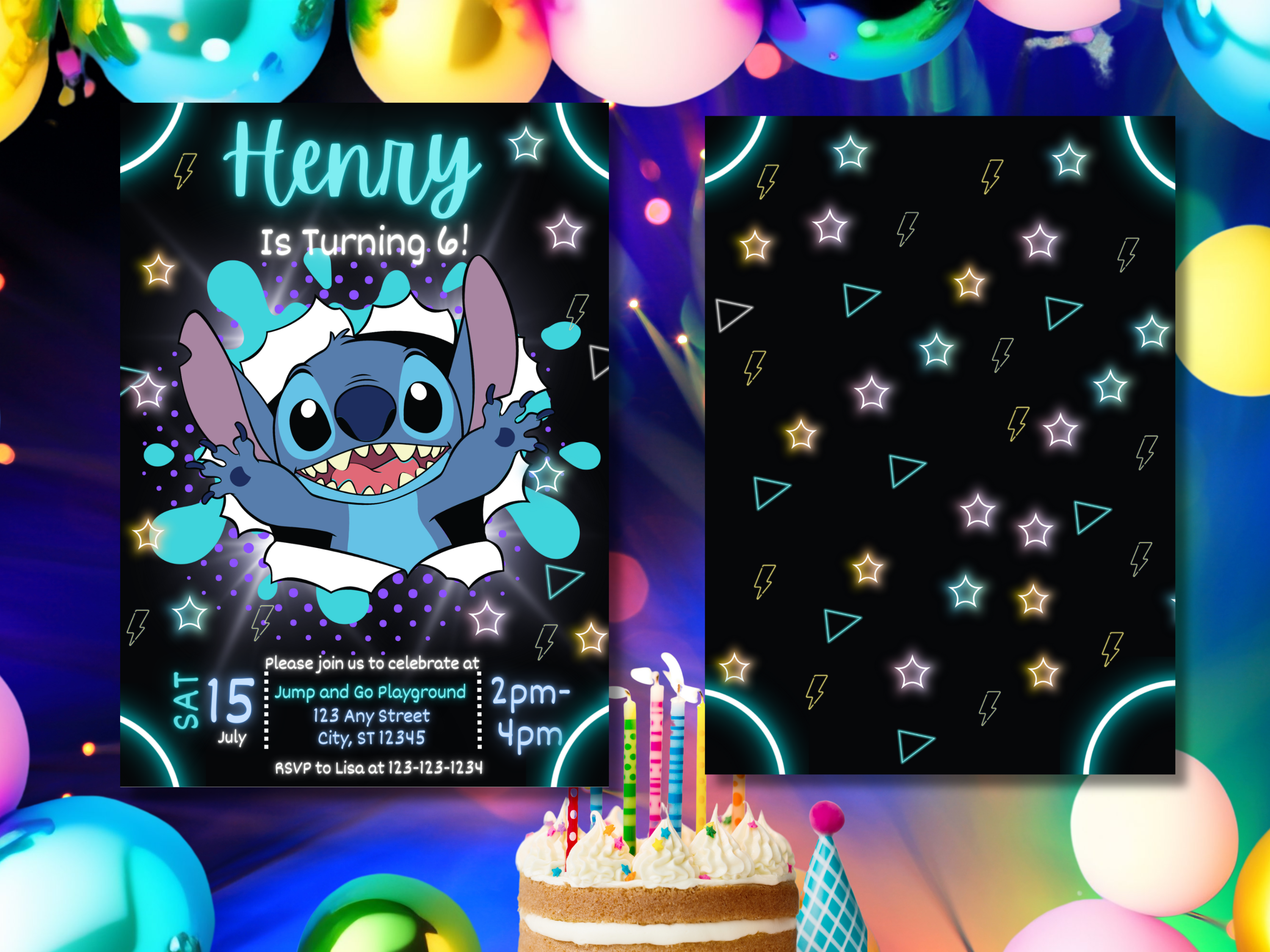 Neon Stitch Birthday Invitation Template | Editable Canva Invite for Kids | Glow Party Printable | Boy or Girl Birthday | 2 Page Design