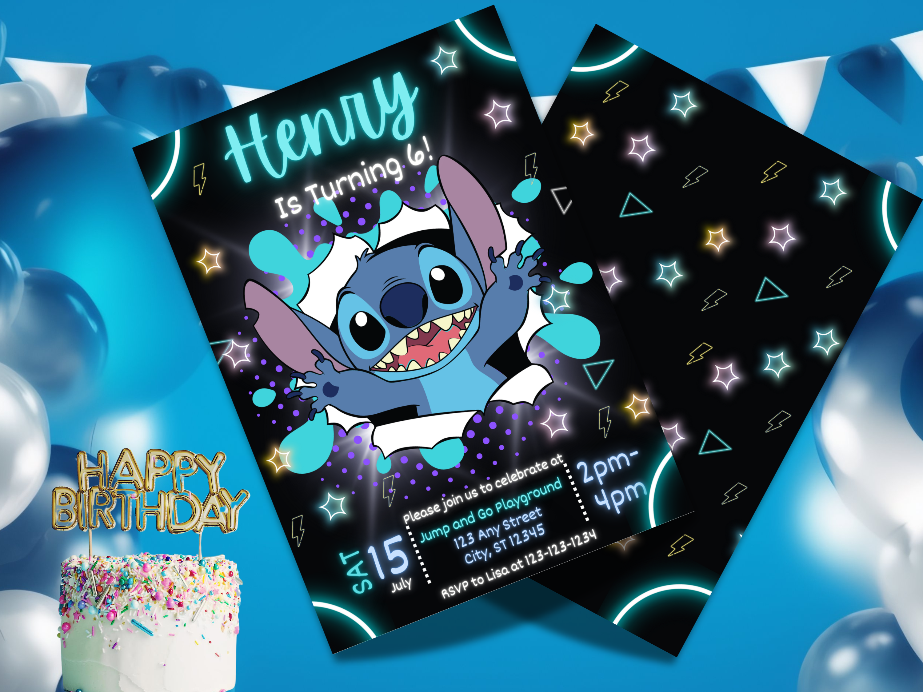 Neon Stitch Birthday Invitation Template | Editable Canva Invite for Kids | Glow Party Printable | Boy or Girl Birthday | 2 Page Design