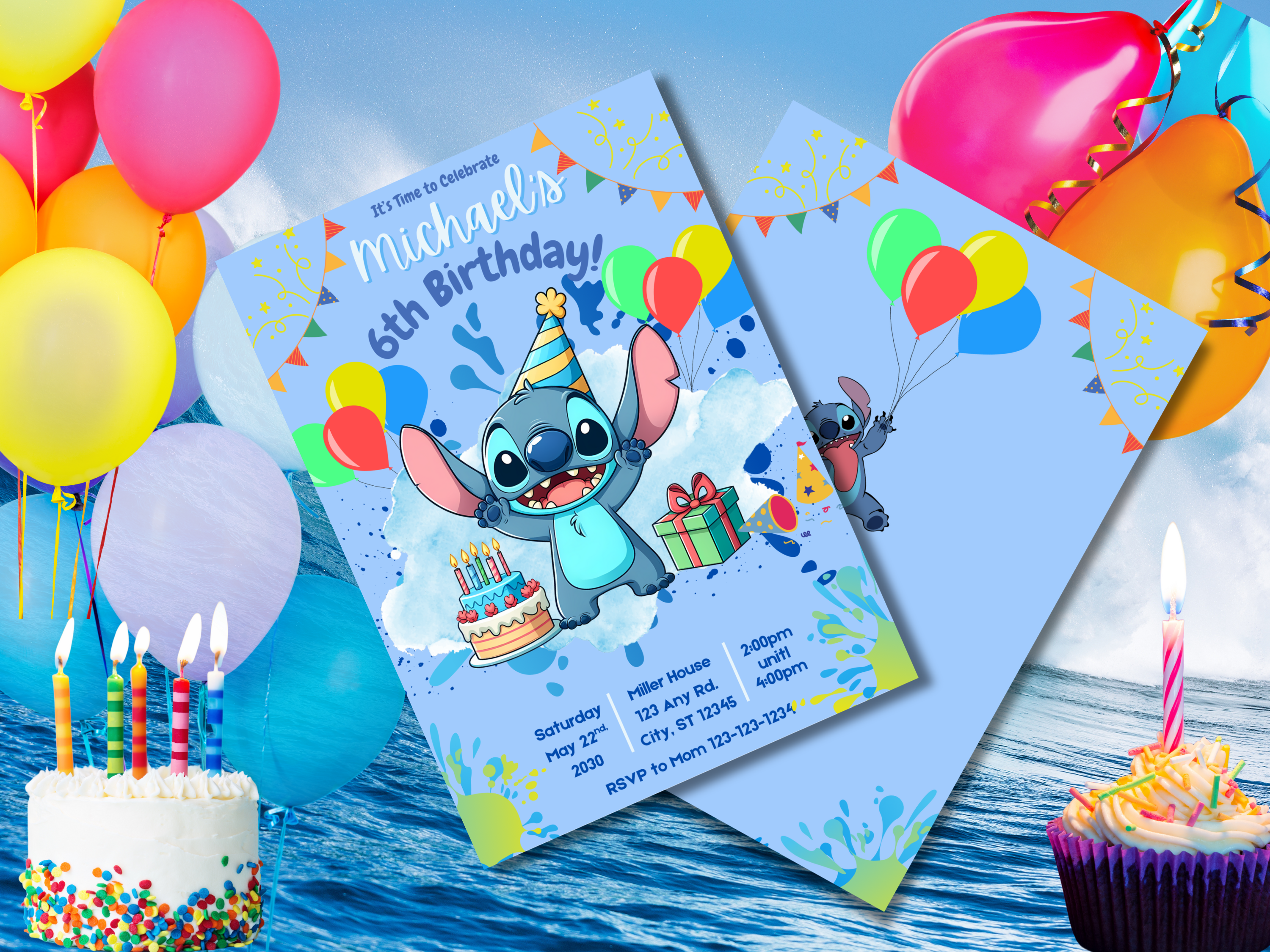 Blue Stitch Birthday Invitation Template | Editable Kids Party Invite | Printable Front & Back Design with Cute Stitch Balloons Decor