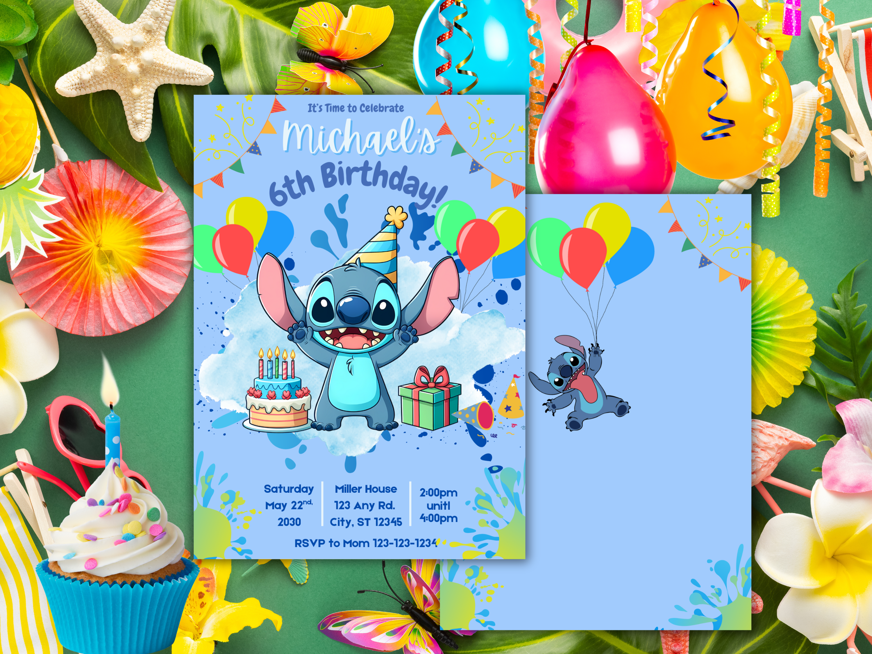 Blue Stitch Birthday Invitation Template | Editable Kids Party Invite | Printable Front & Back Design with Cute Stitch Balloons Decor