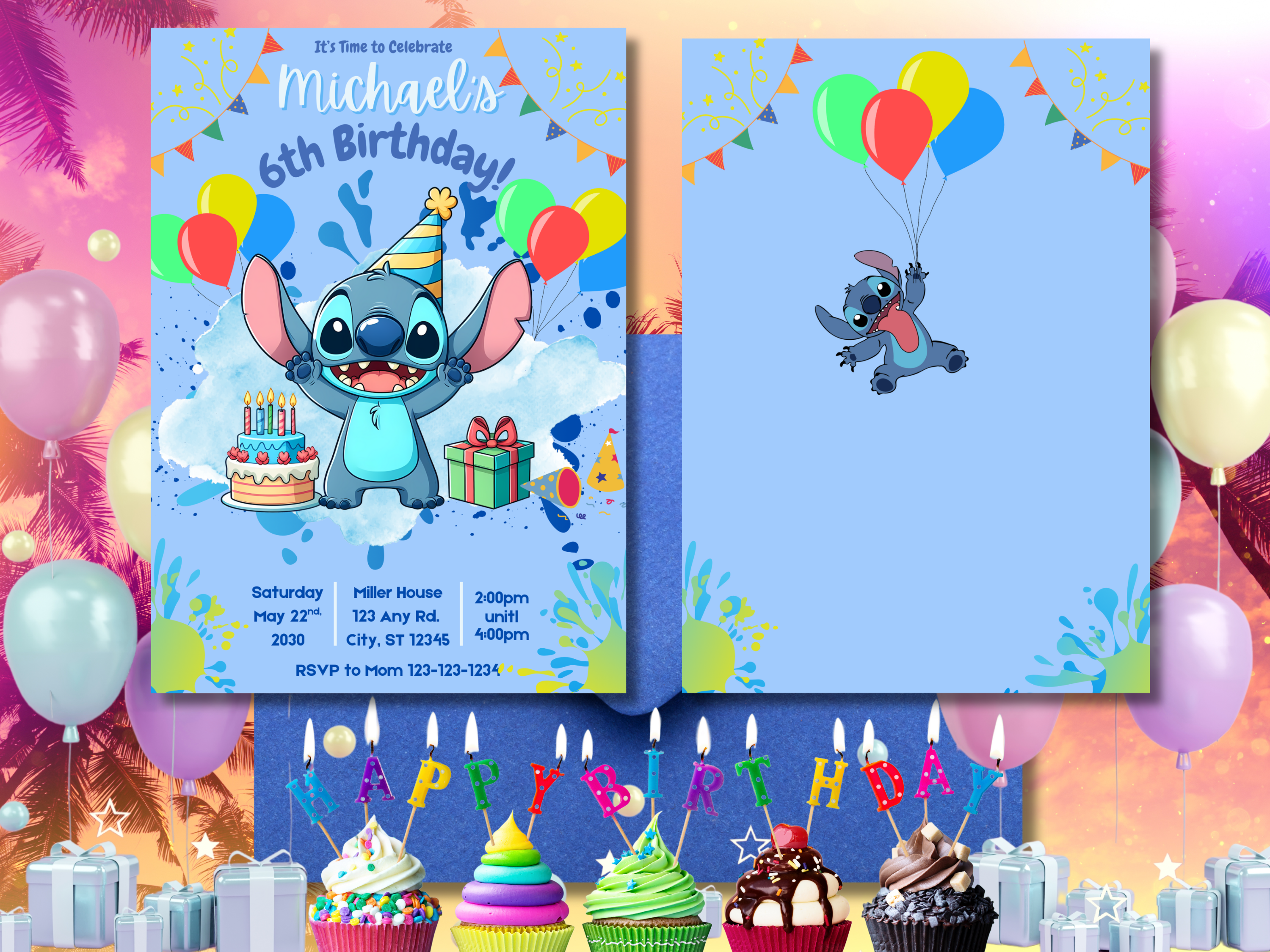 Blue Stitch Birthday Invitation Template | Editable Kids Party Invite | Printable Front & Back Design with Cute Stitch Balloons Decor