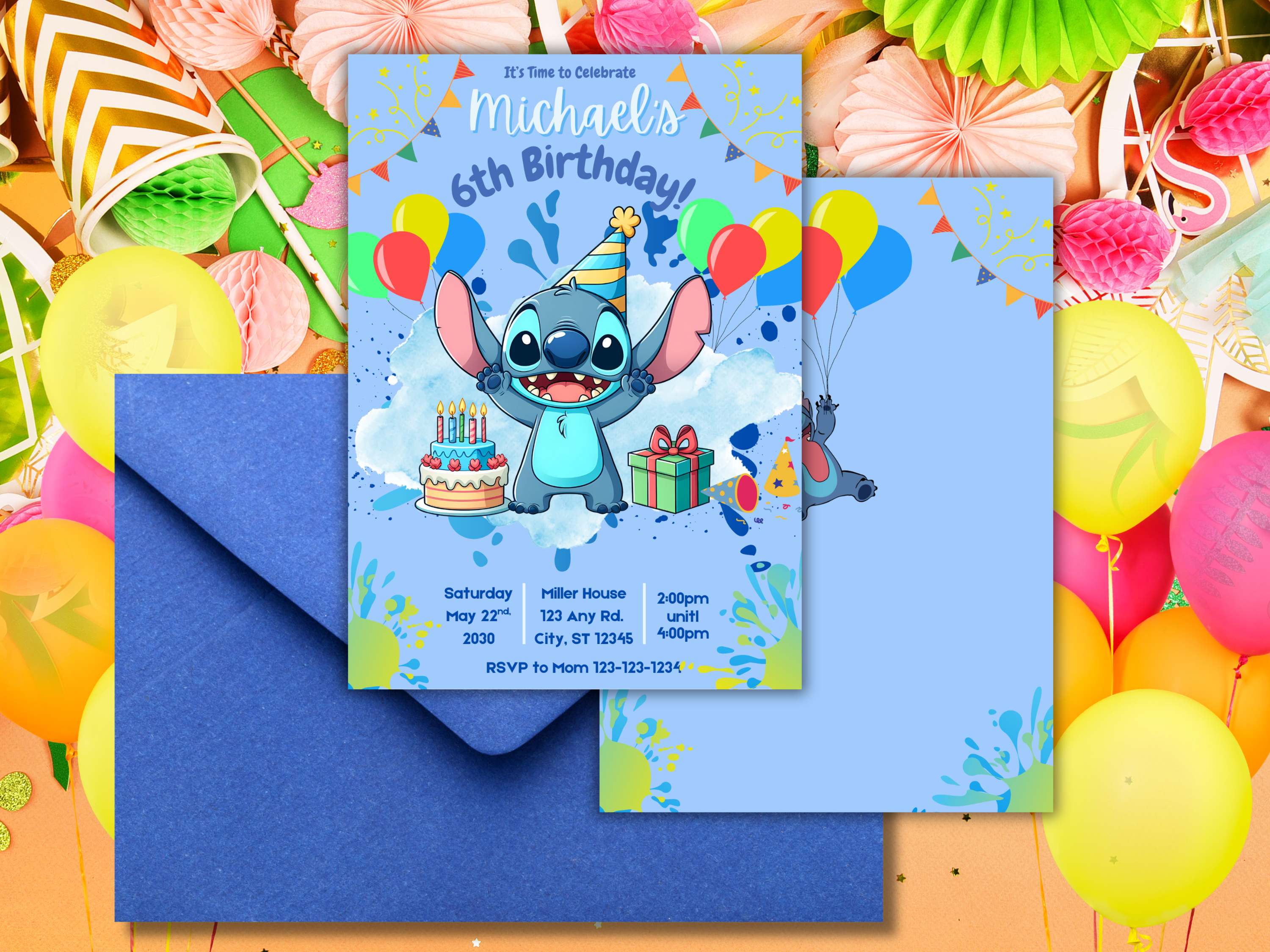 Blue Stitch Birthday Invitation Template | Editable Kids Party Invite | Printable Front & Back Design with Cute Stitch Balloons Decor