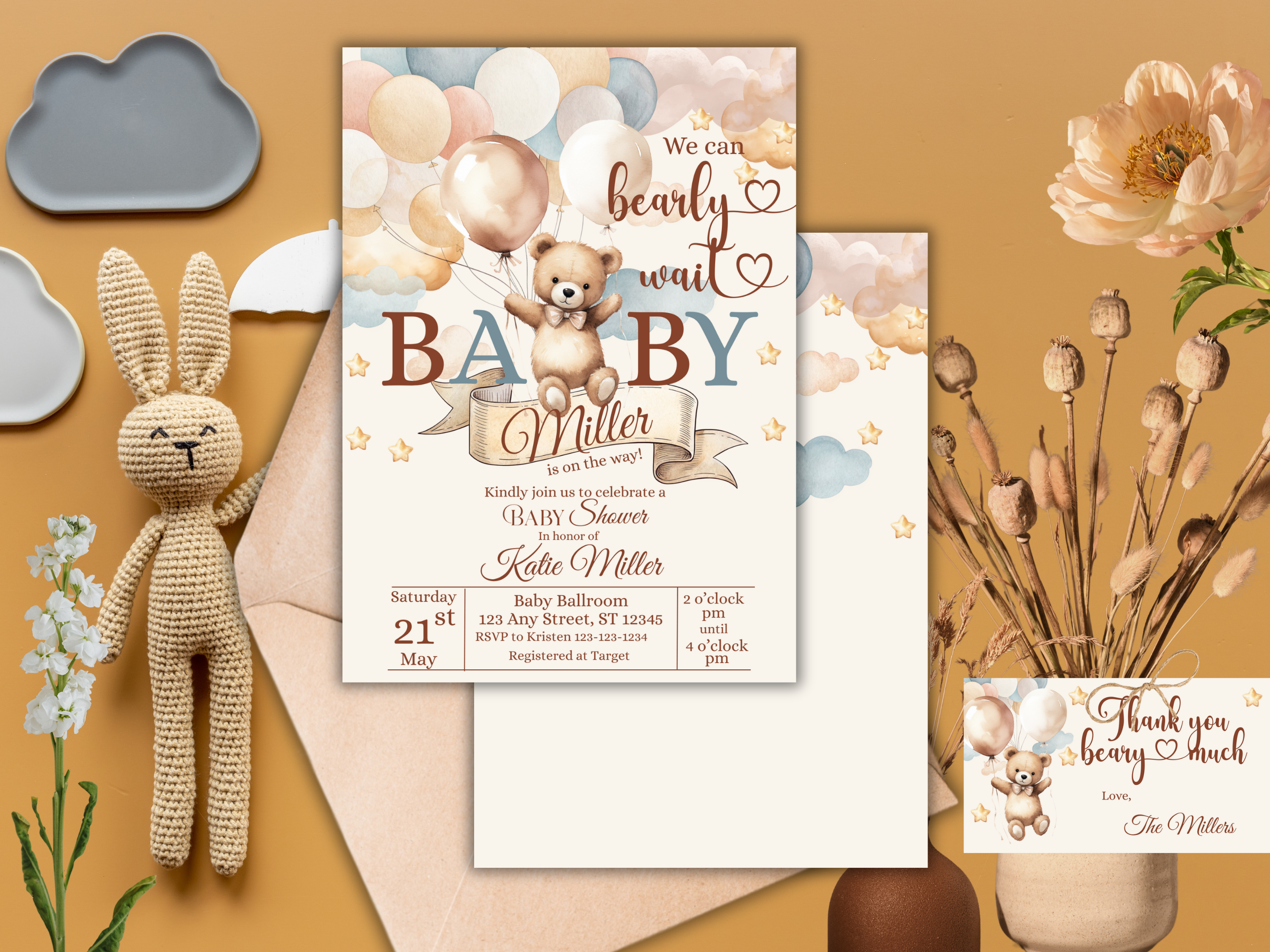 Boho Bear Baby Shower Invitation Template | Gender Neutral Editable Canva Download | We Can Bearly Wait Printable Invite