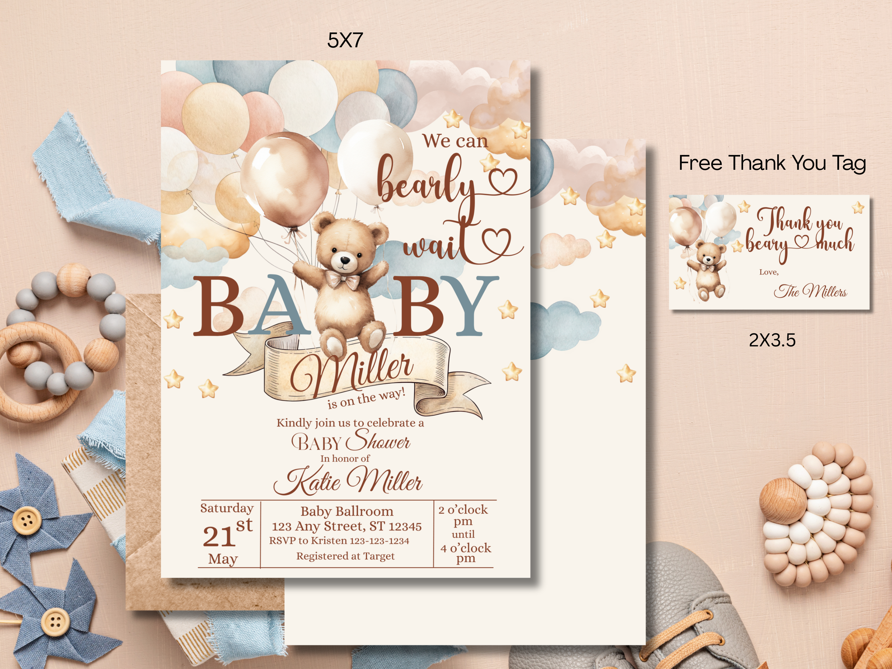 Boho Bear Baby Shower Invitation Template | Gender Neutral Editable Canva Download | We Can Bearly Wait Printable Invite