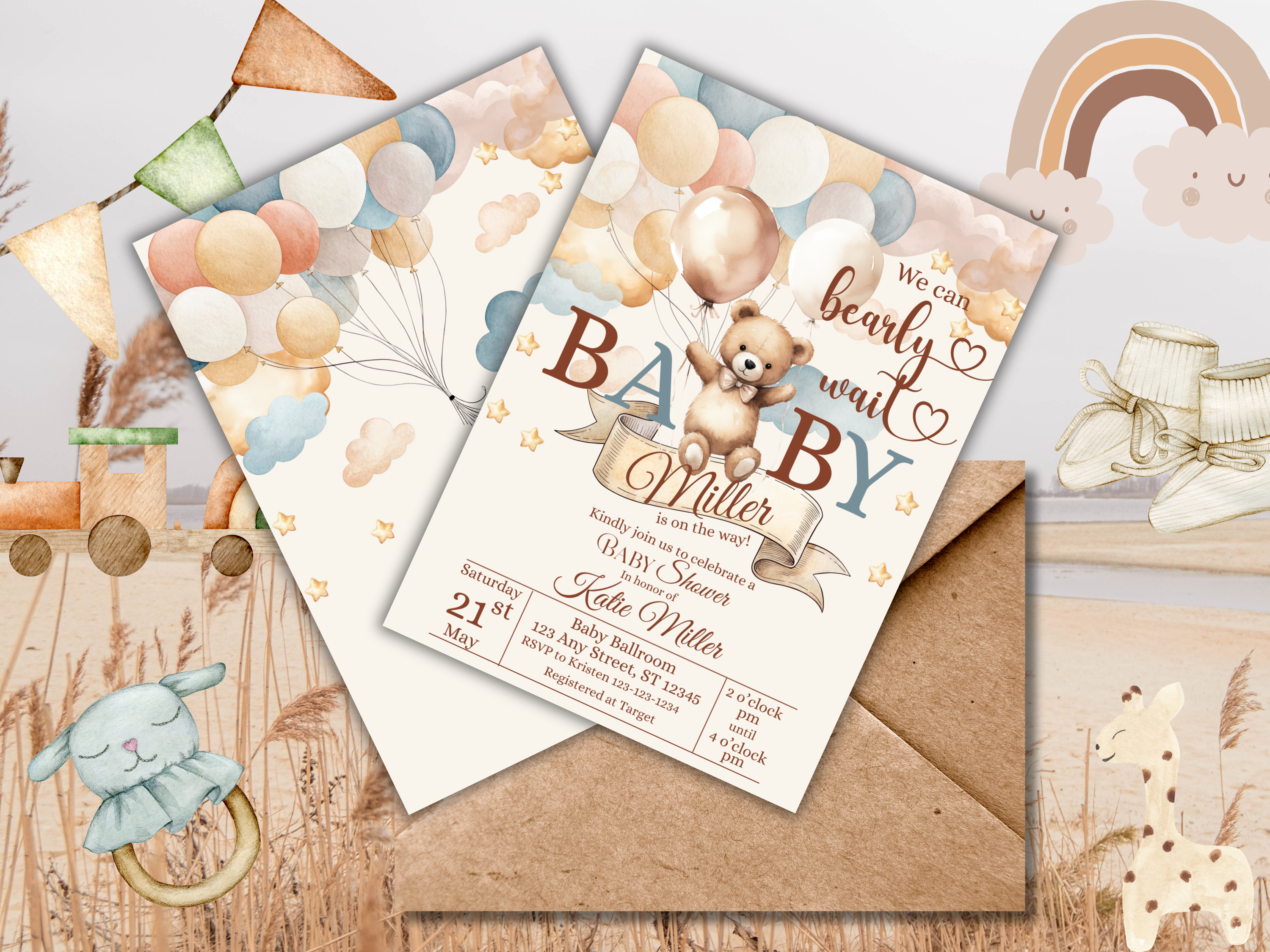 Boho Bear Baby Shower Invitation Template | Gender Neutral Editable Canva Download | We Can Bearly Wait Printable Invite