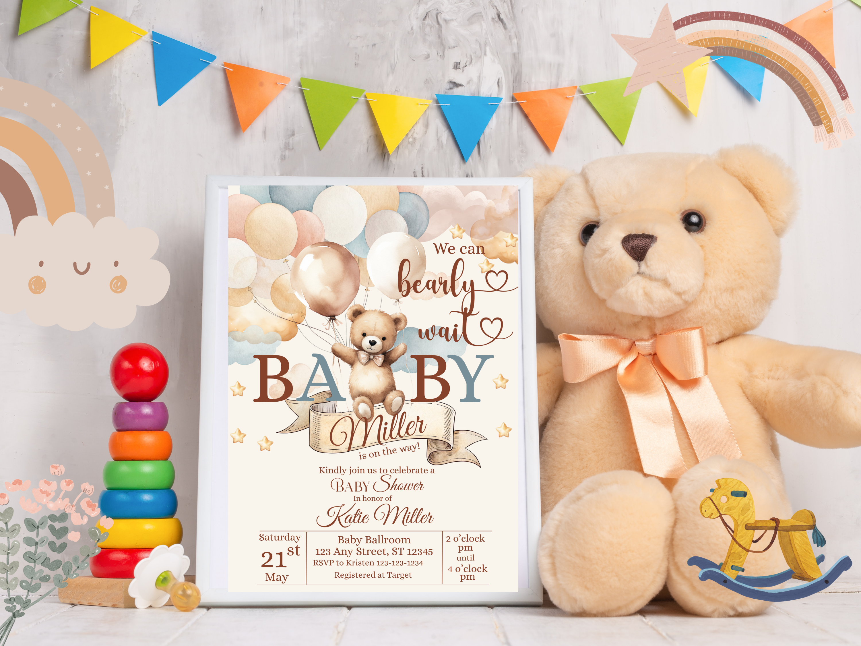Boho Bear Baby Shower Invitation Template | Gender Neutral Editable Canva Download | We Can Bearly Wait Printable Invite