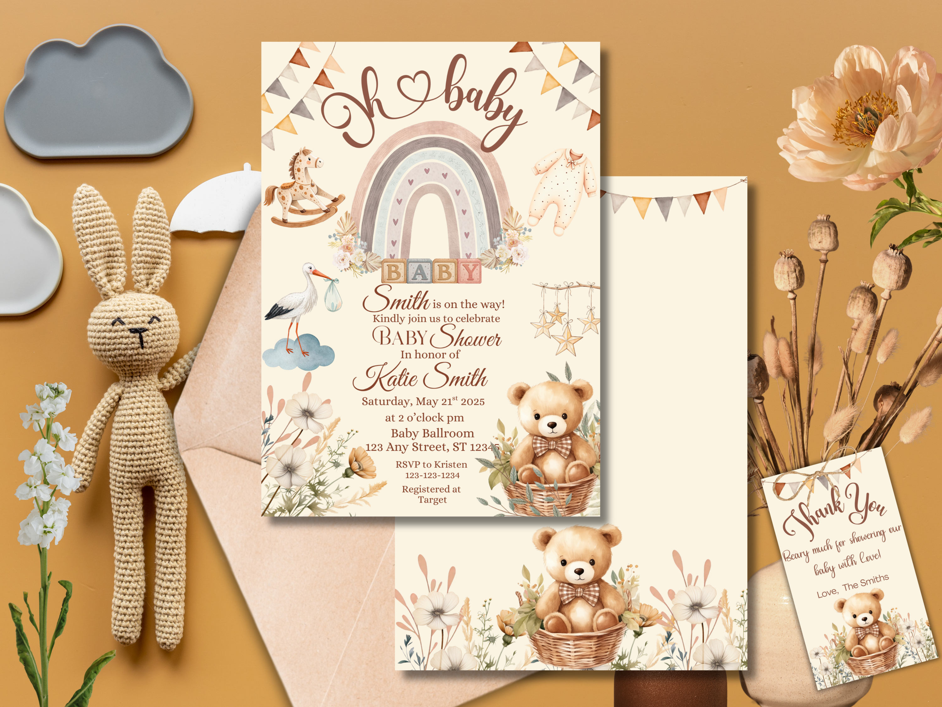 Boho Bear Baby Shower Invitation Template | Gender Neutral OH Baby Invite | Editable Canva Download & Printable Neutral Shower Invite