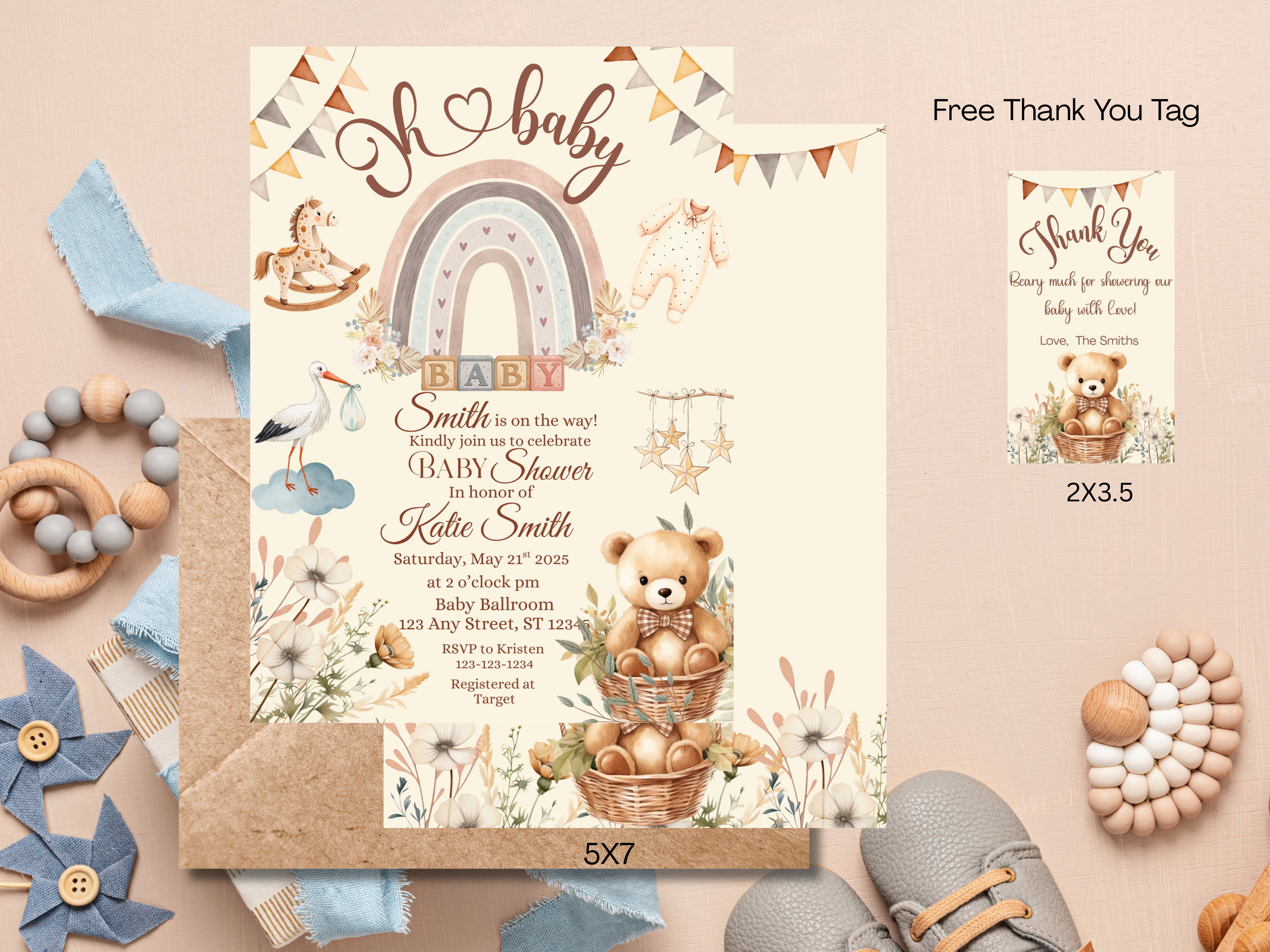 Boho Bear Baby Shower Invitation Template | Gender Neutral OH Baby Invite | Editable Canva Download & Printable Neutral Shower Invite