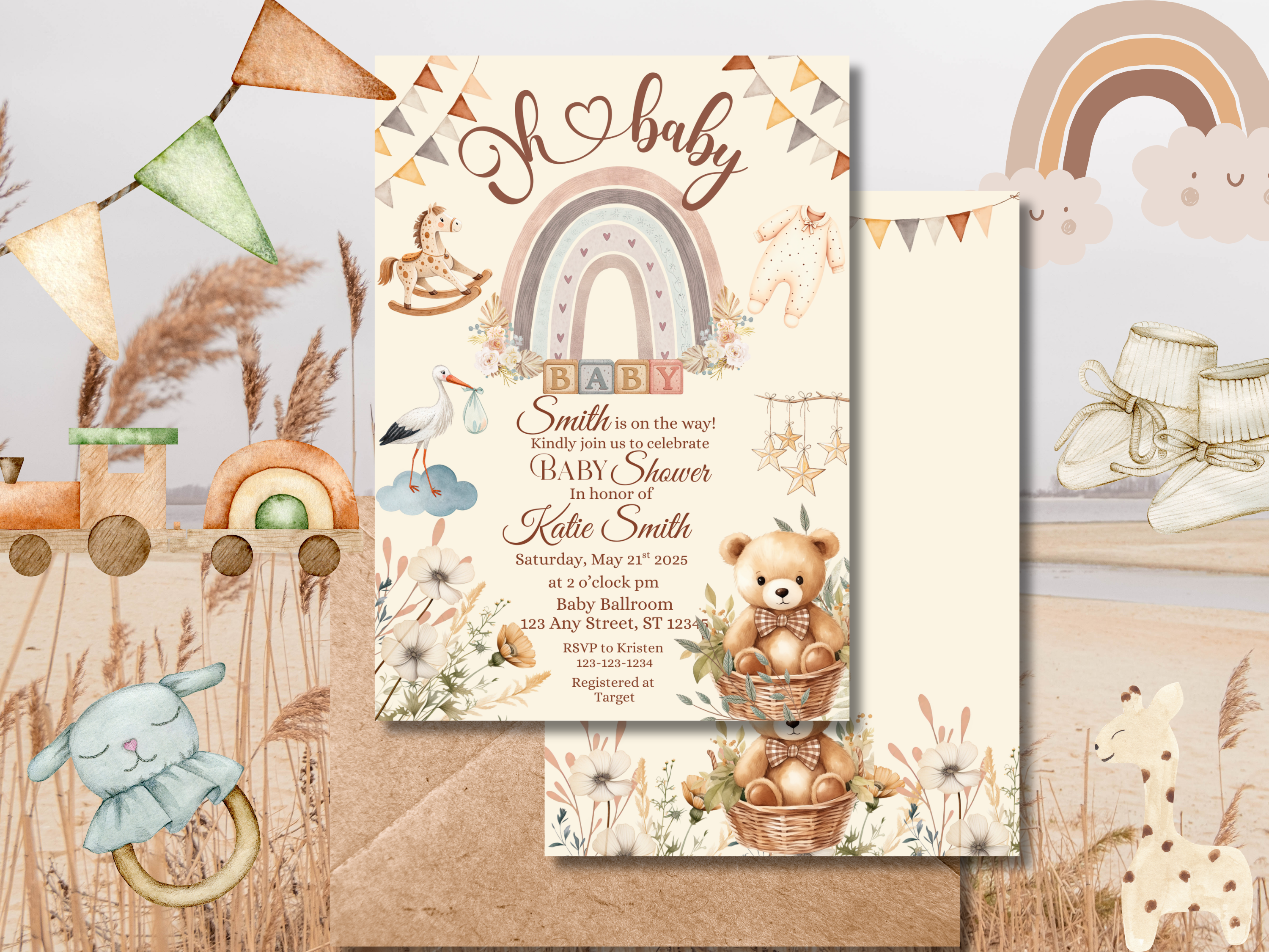 Boho Bear Baby Shower Invitation Template | Gender Neutral OH Baby Invite | Editable Canva Download & Printable Neutral Shower Invite