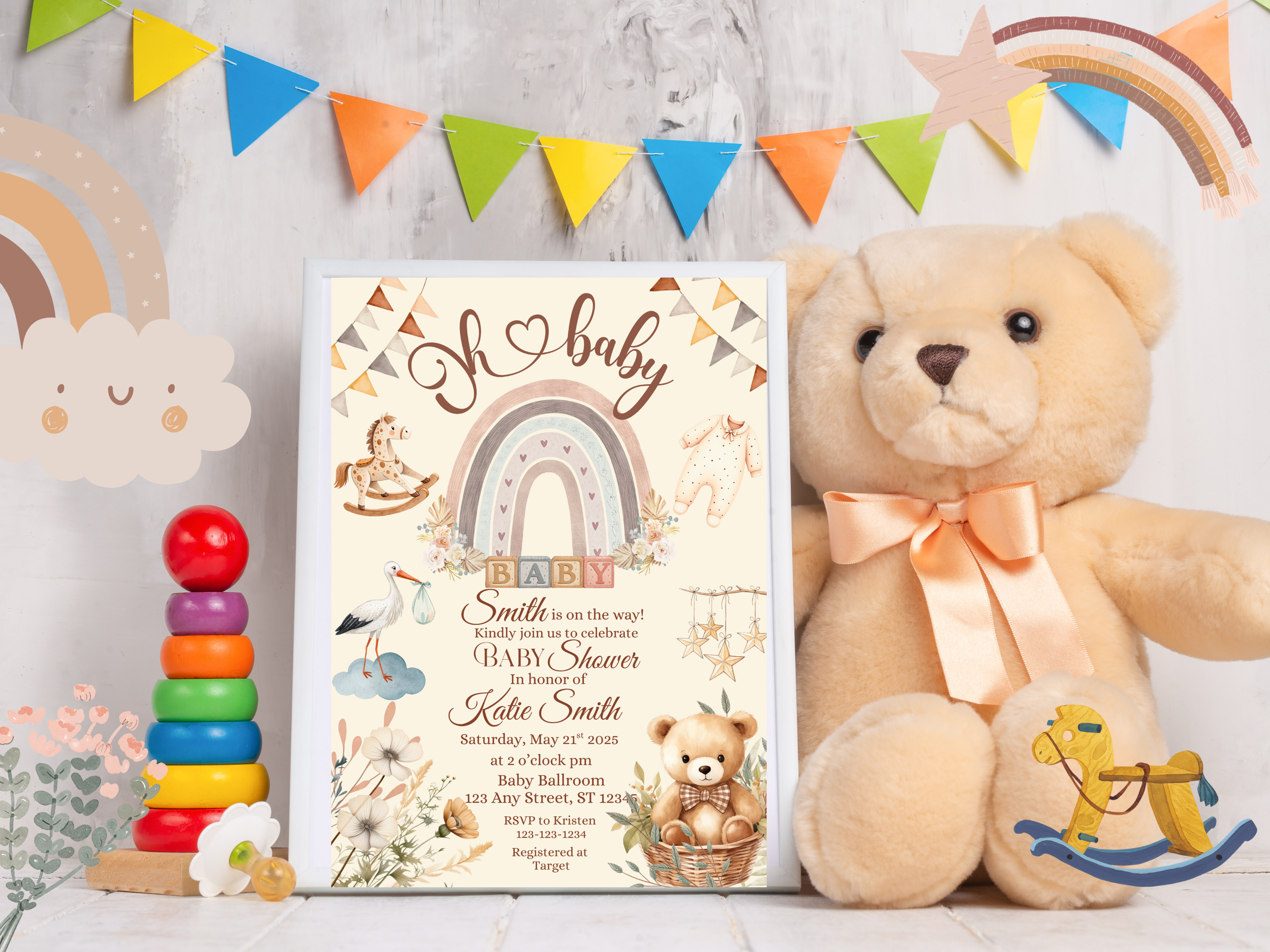Boho Bear Baby Shower Invitation Template | Gender Neutral OH Baby Invite | Editable Canva Download & Printable Neutral Shower Invite