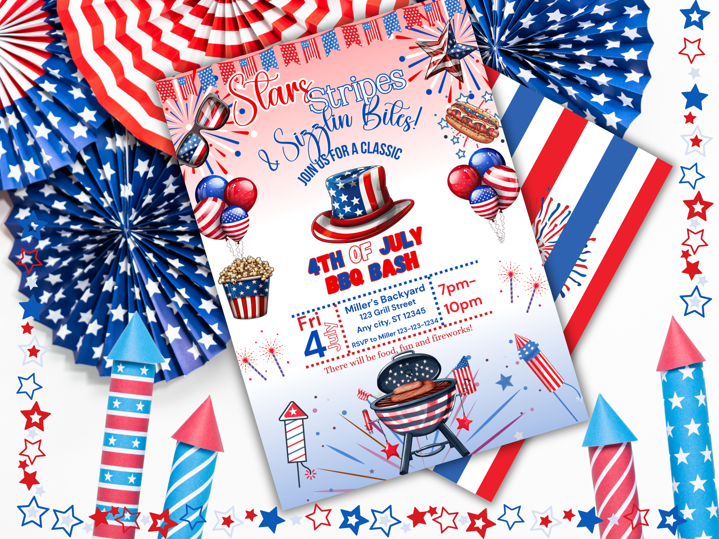 Editable 4th of July BBQ Invitation Template, Backyard Independence Day Party Invite, Fireworks & Food, Canva Front & Back Design