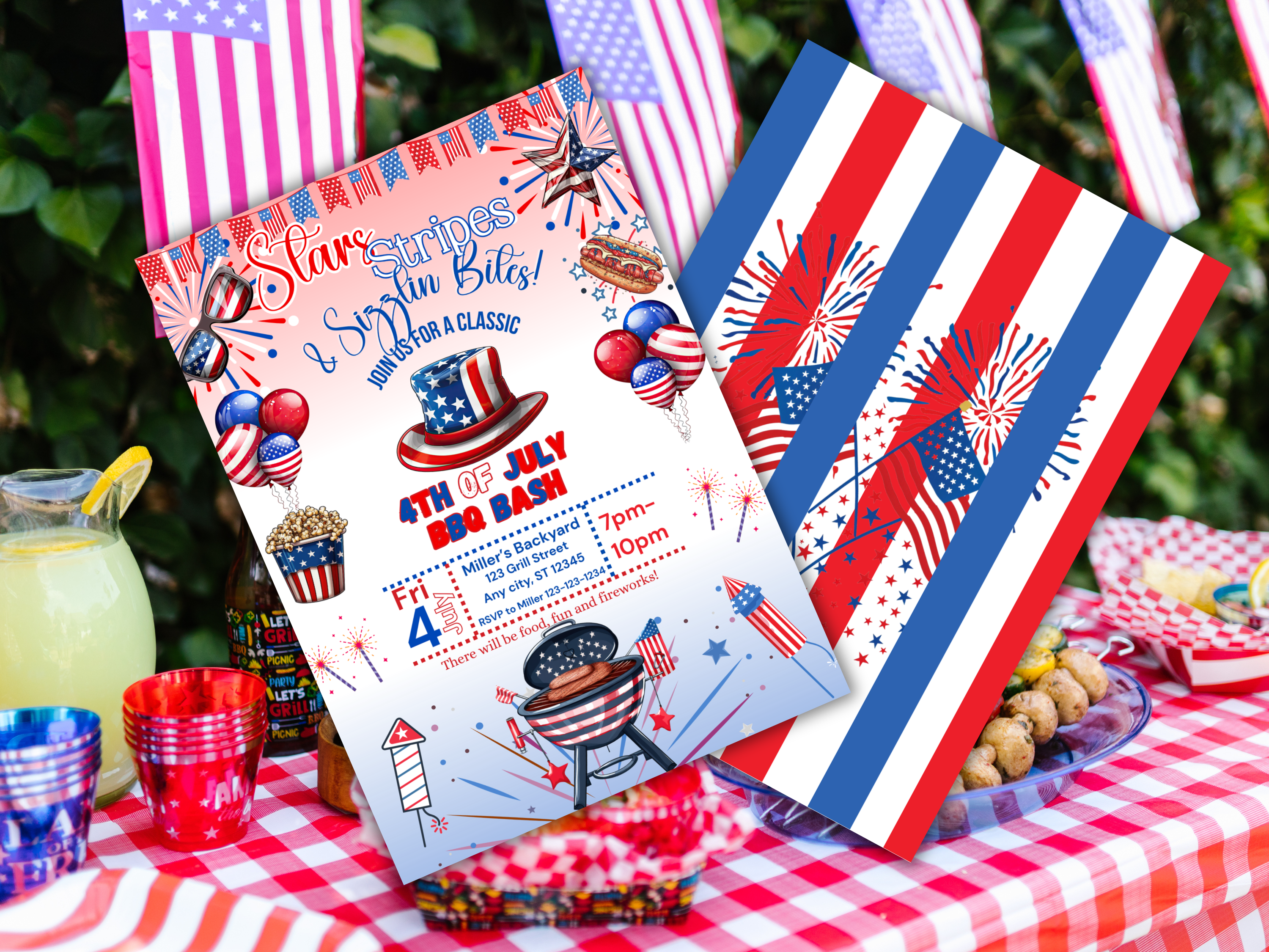 Editable 4th of July BBQ Invitation Template, Backyard Independence Day Party Invite, Fireworks & Food, Canva Front & Back Design
