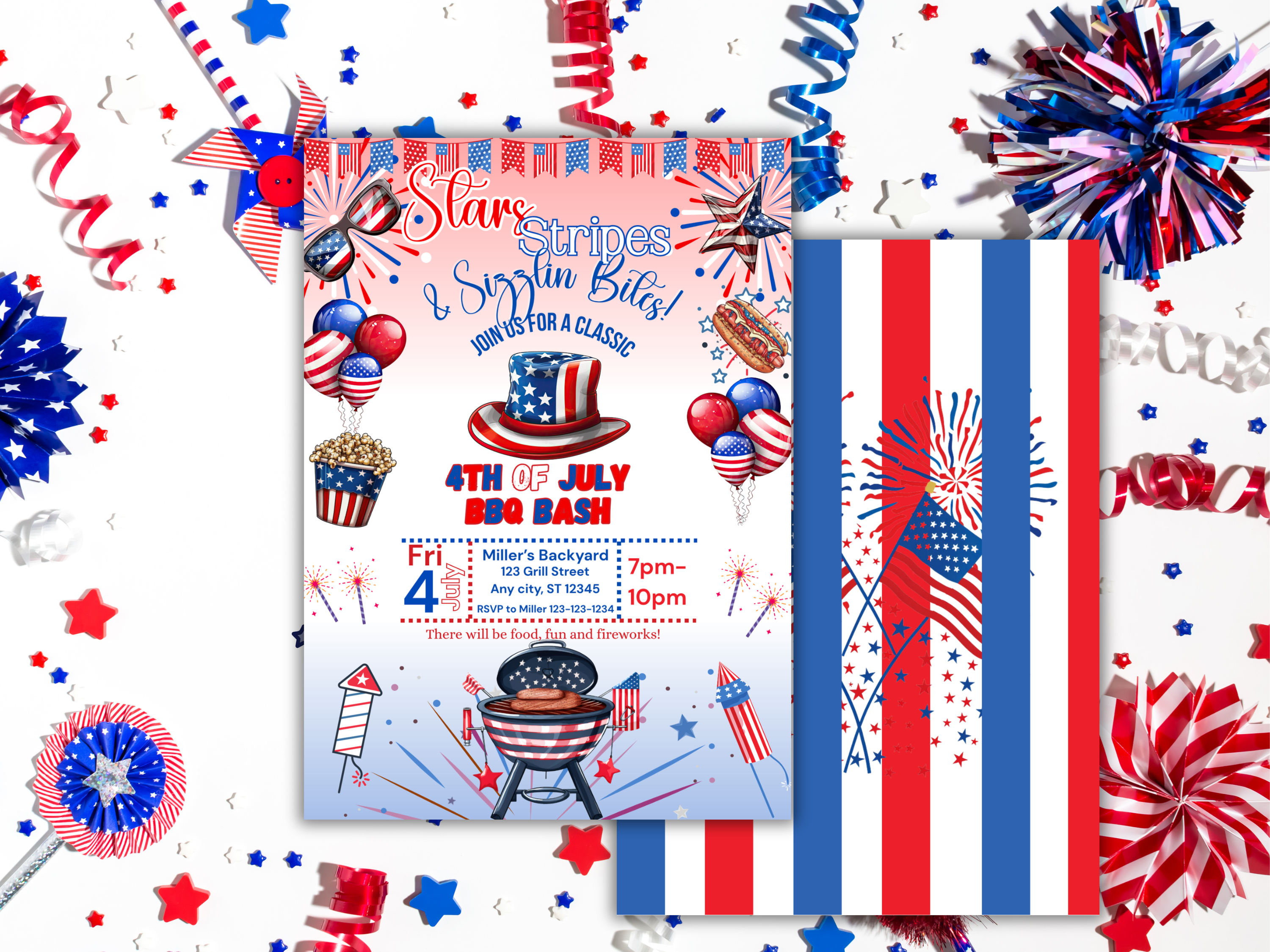 Editable 4th of July BBQ Invitation Template, Backyard Independence Day Party Invite, Fireworks & Food, Canva Front & Back Design