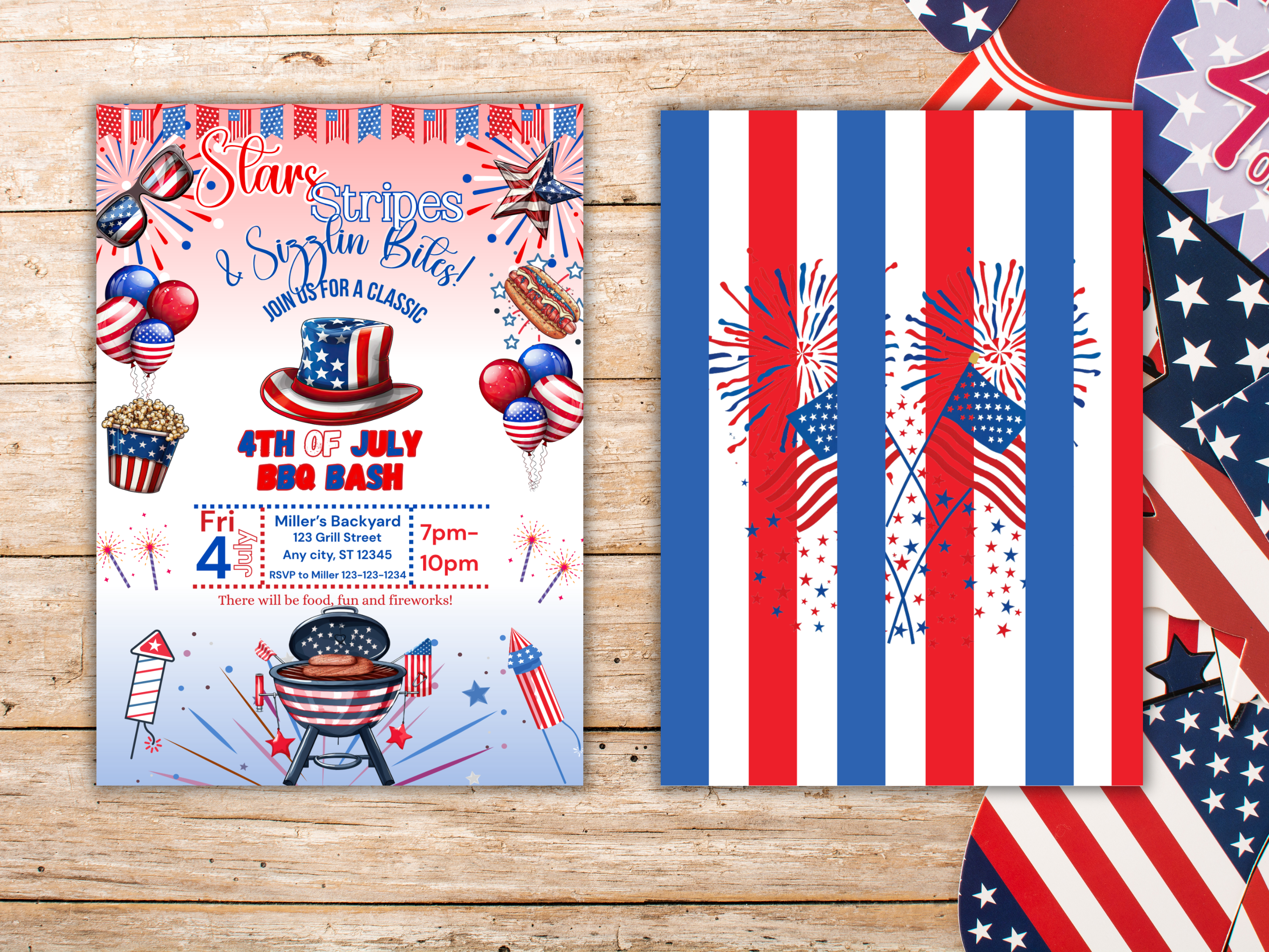 Editable 4th of July BBQ Invitation Template, Backyard Independence Day Party Invite, Fireworks & Food, Canva Front & Back Design
