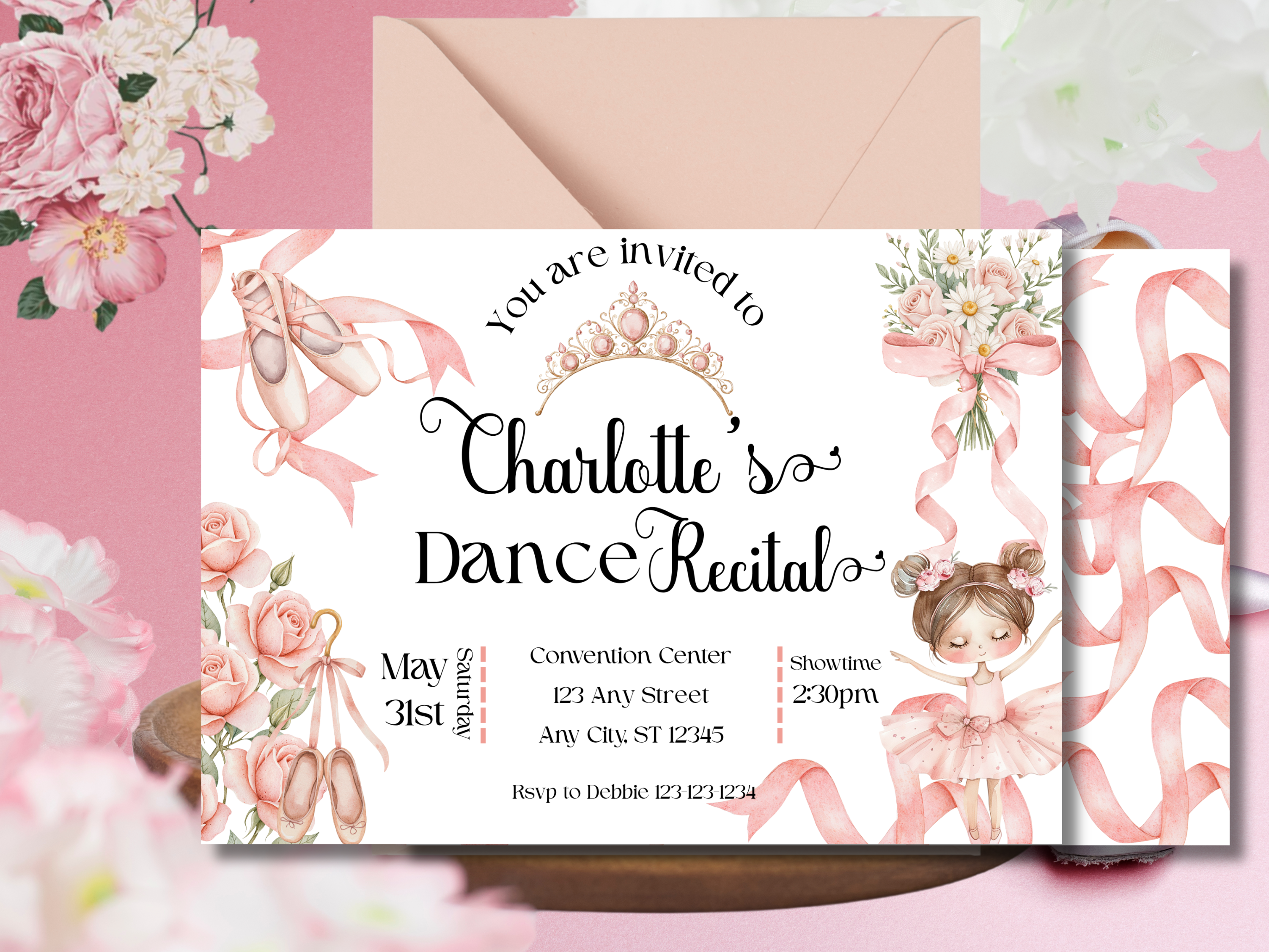 Ballet Recital Invitation Editable Canva Template, Pink Ballerina Dance Recital Invite, Floral Tutu Ballet Shoes, Front & Back Design, Instant Download