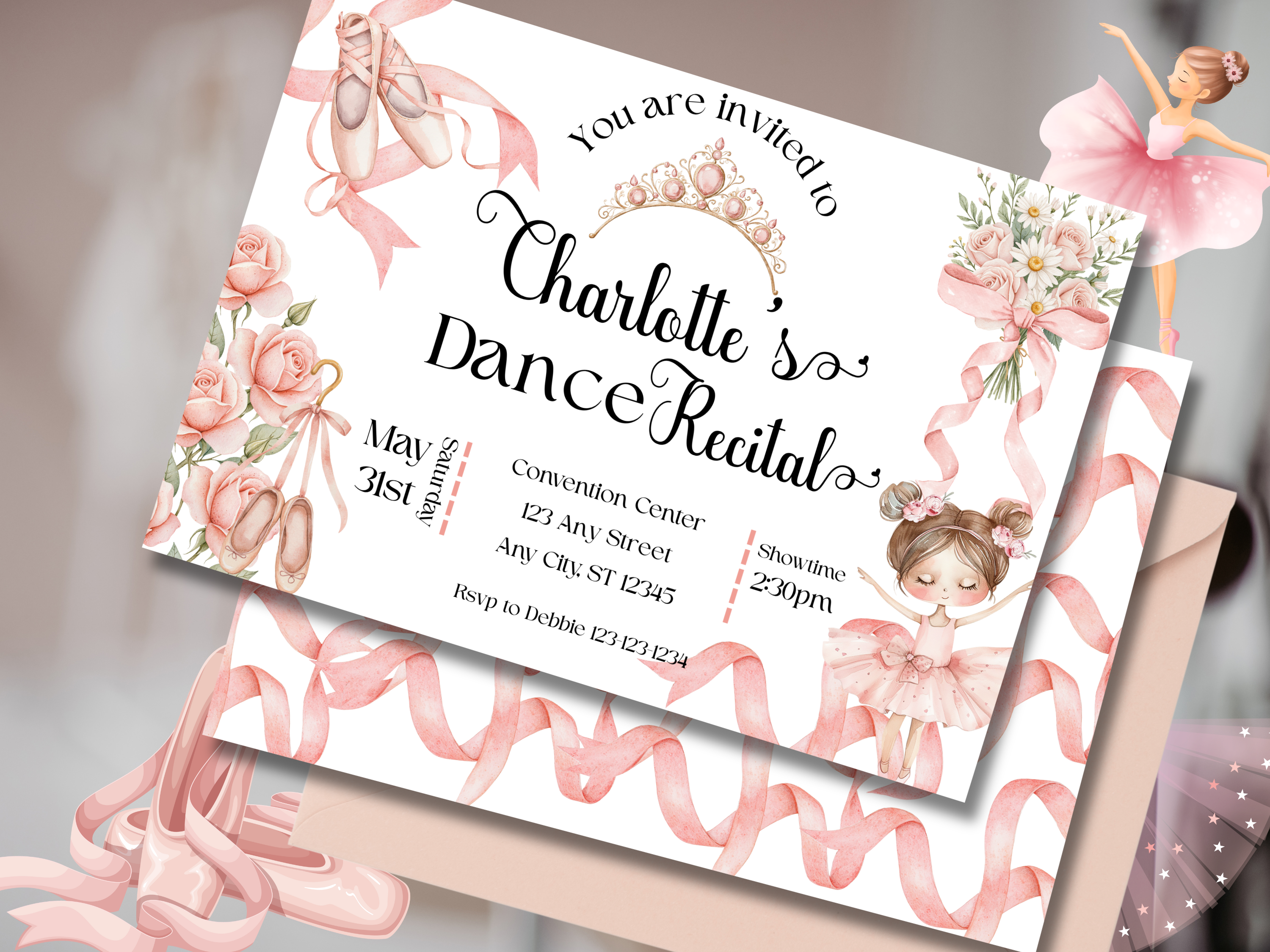 Ballet Recital Invitation Editable Canva Template, Pink Ballerina Dance Recital Invite, Floral Tutu Ballet Shoes, Front & Back Design, Instant Download