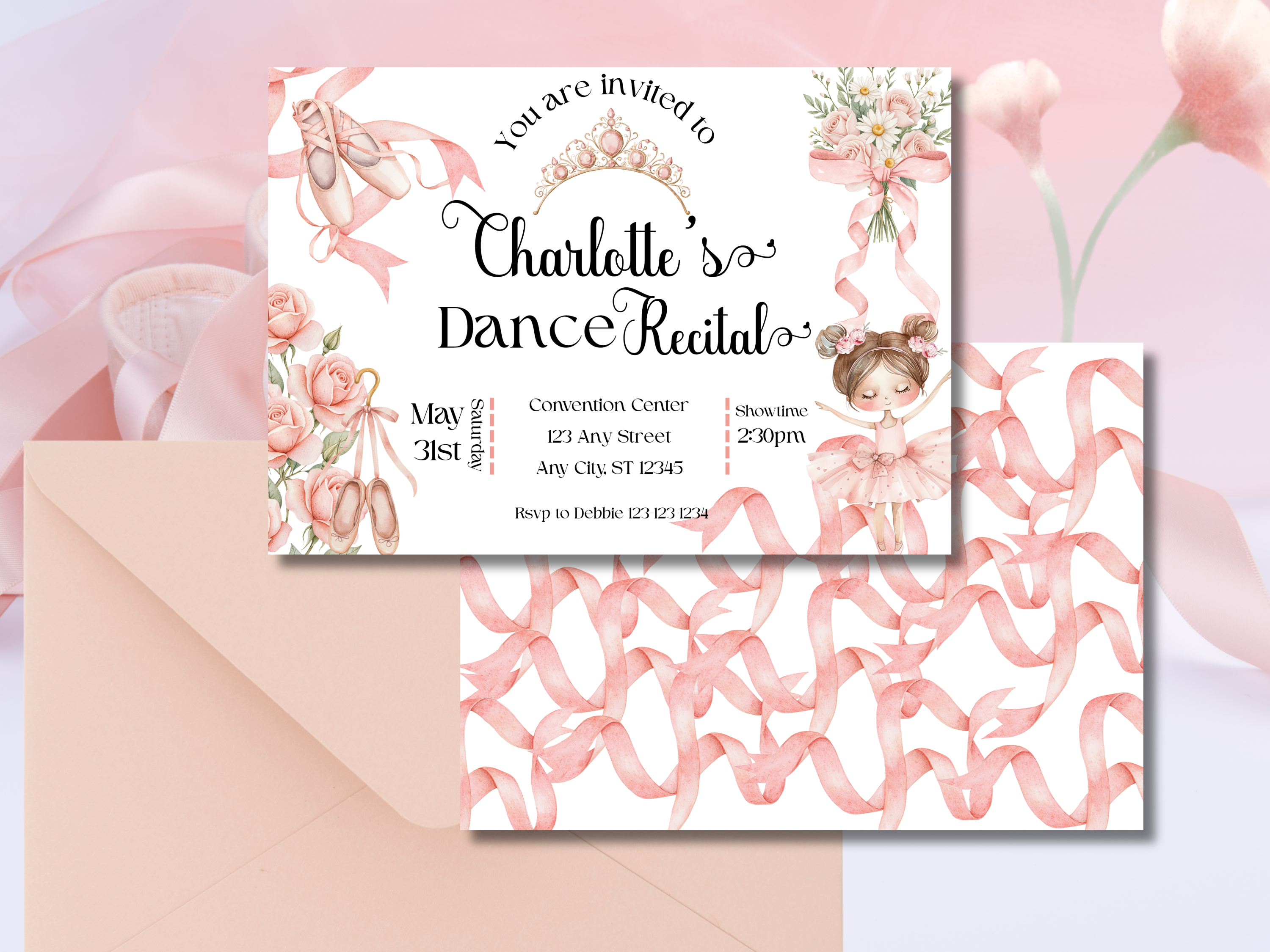 Ballet Recital Invitation Editable Canva Template, Pink Ballerina Dance Recital Invite, Floral Tutu Ballet Shoes, Front & Back Design, Instant Download