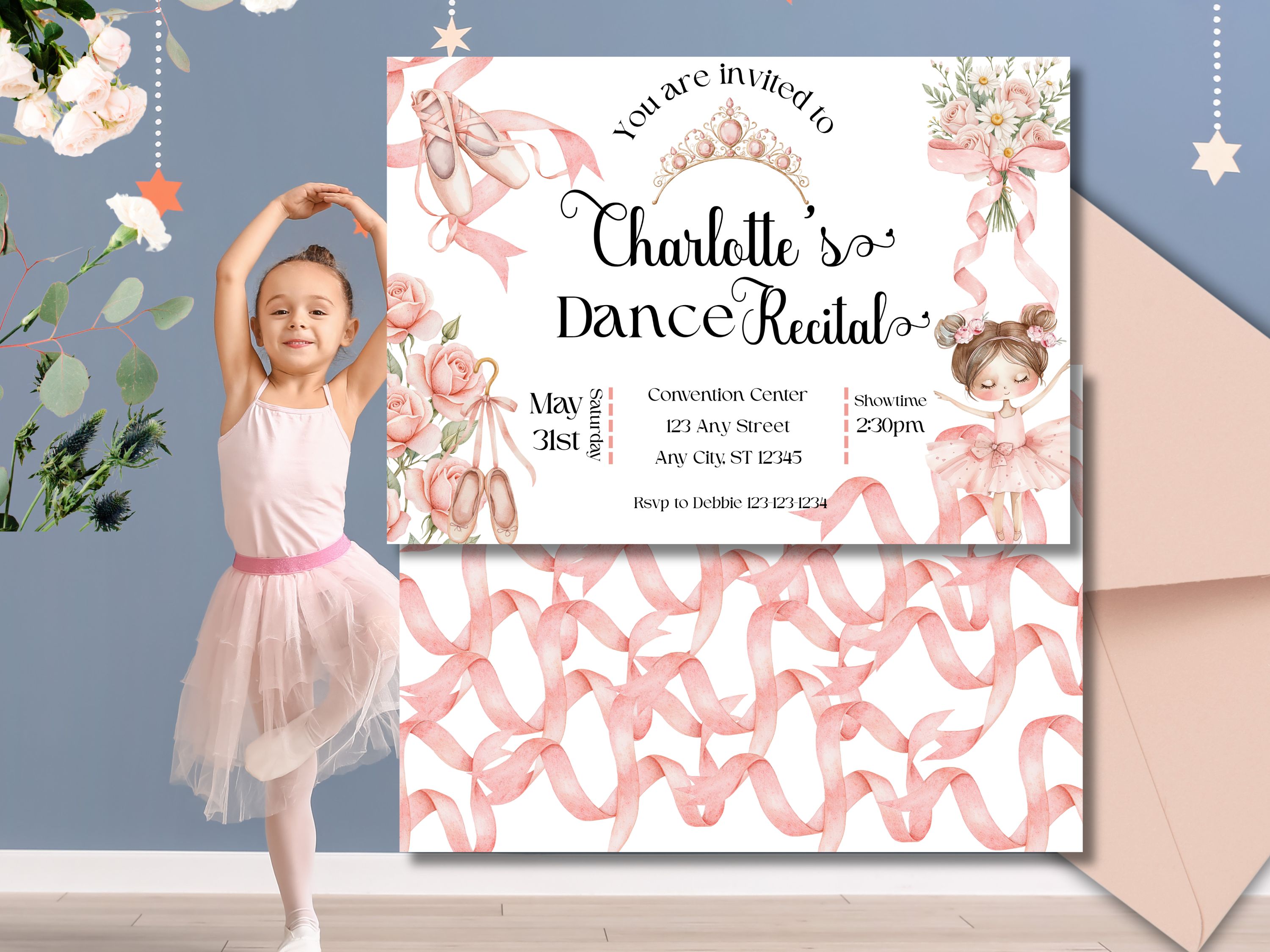 Ballet Recital Invitation Editable Canva Template, Pink Ballerina Dance Recital Invite, Floral Tutu Ballet Shoes, Front & Back Design, Instant Download