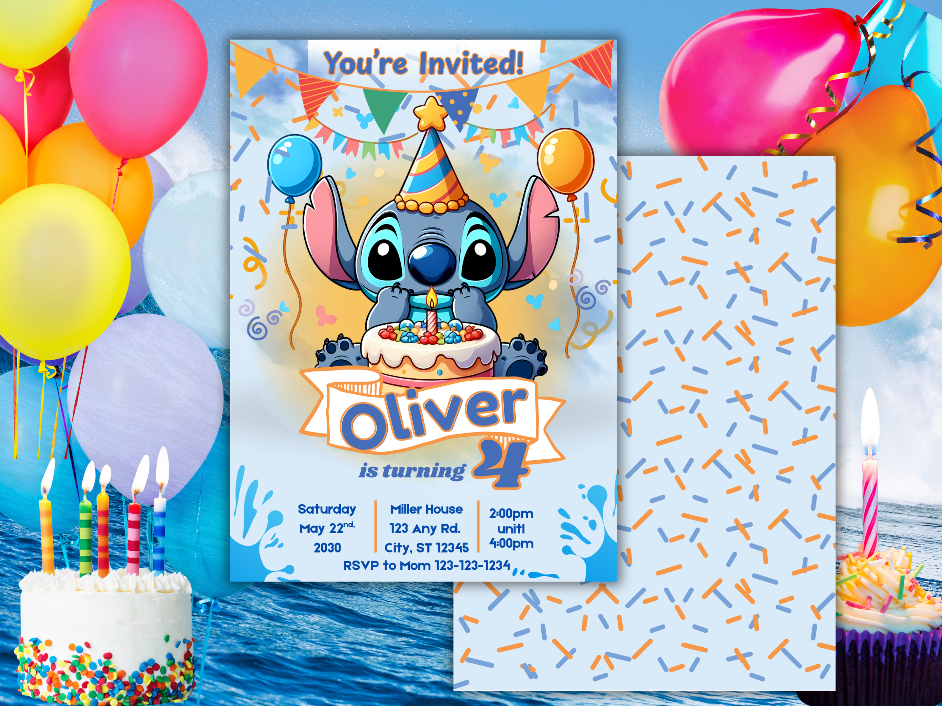 Blue Stitch Birthday Invitation Template | Editable Kids Party Invite | Printable Front & Back Design with Cute Stitch Balloons Decor