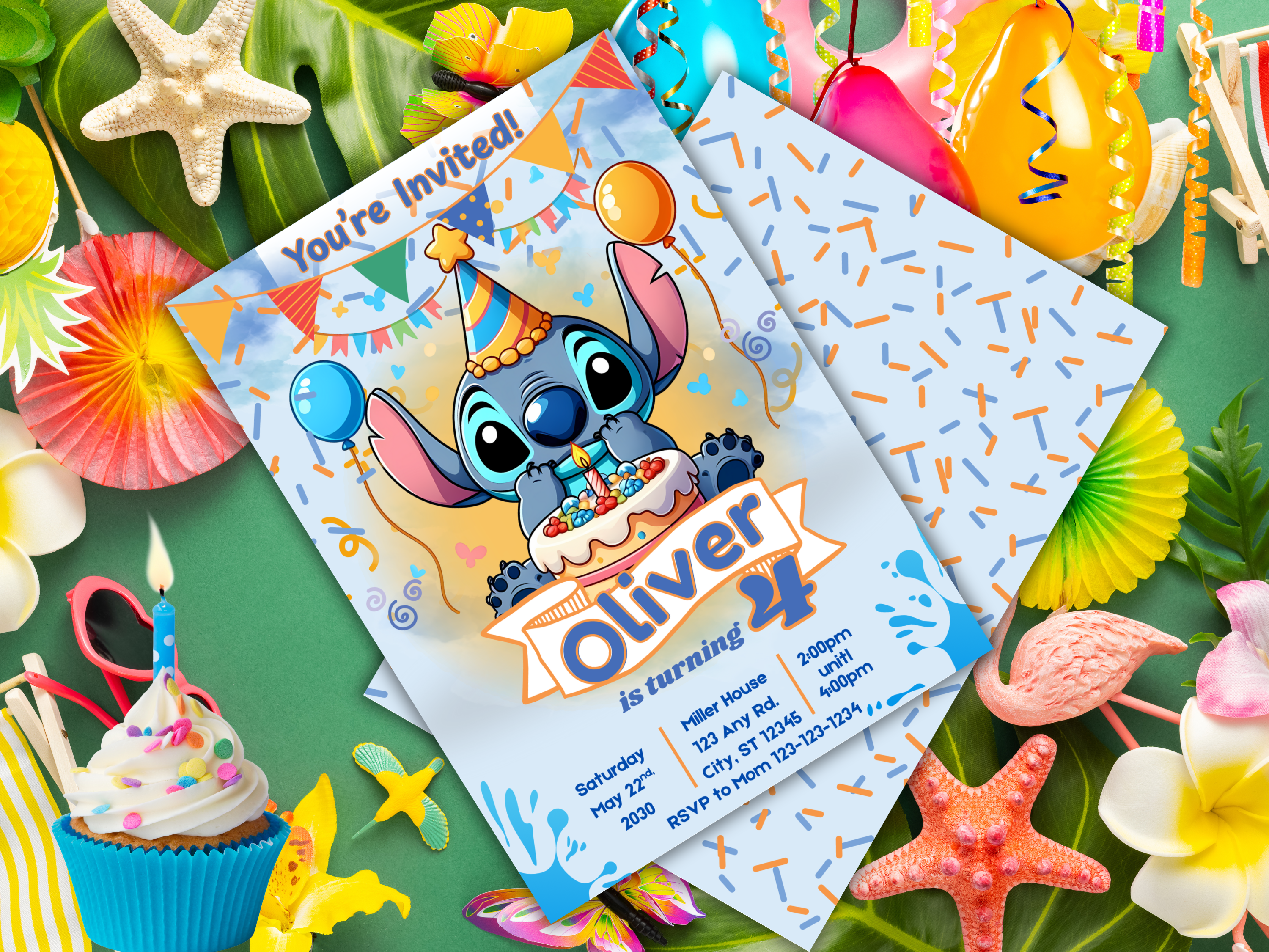 Blue Stitch Birthday Invitation Template | Editable Kids Party Invite | Printable Front & Back Design with Cute Stitch Balloons Decor