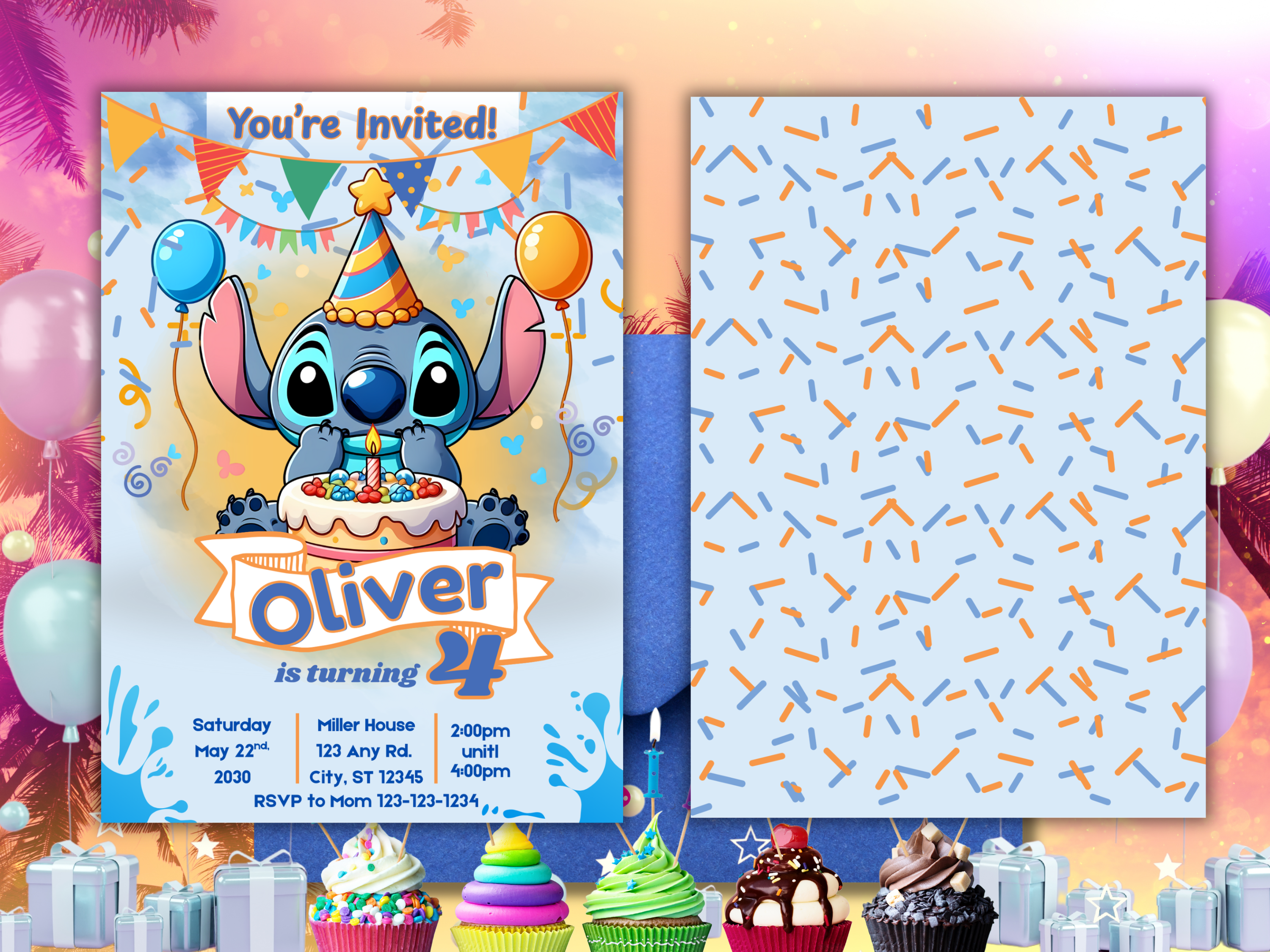 Blue Stitch Birthday Invitation Template | Editable Kids Party Invite | Printable Front & Back Design with Cute Stitch Balloons Decor