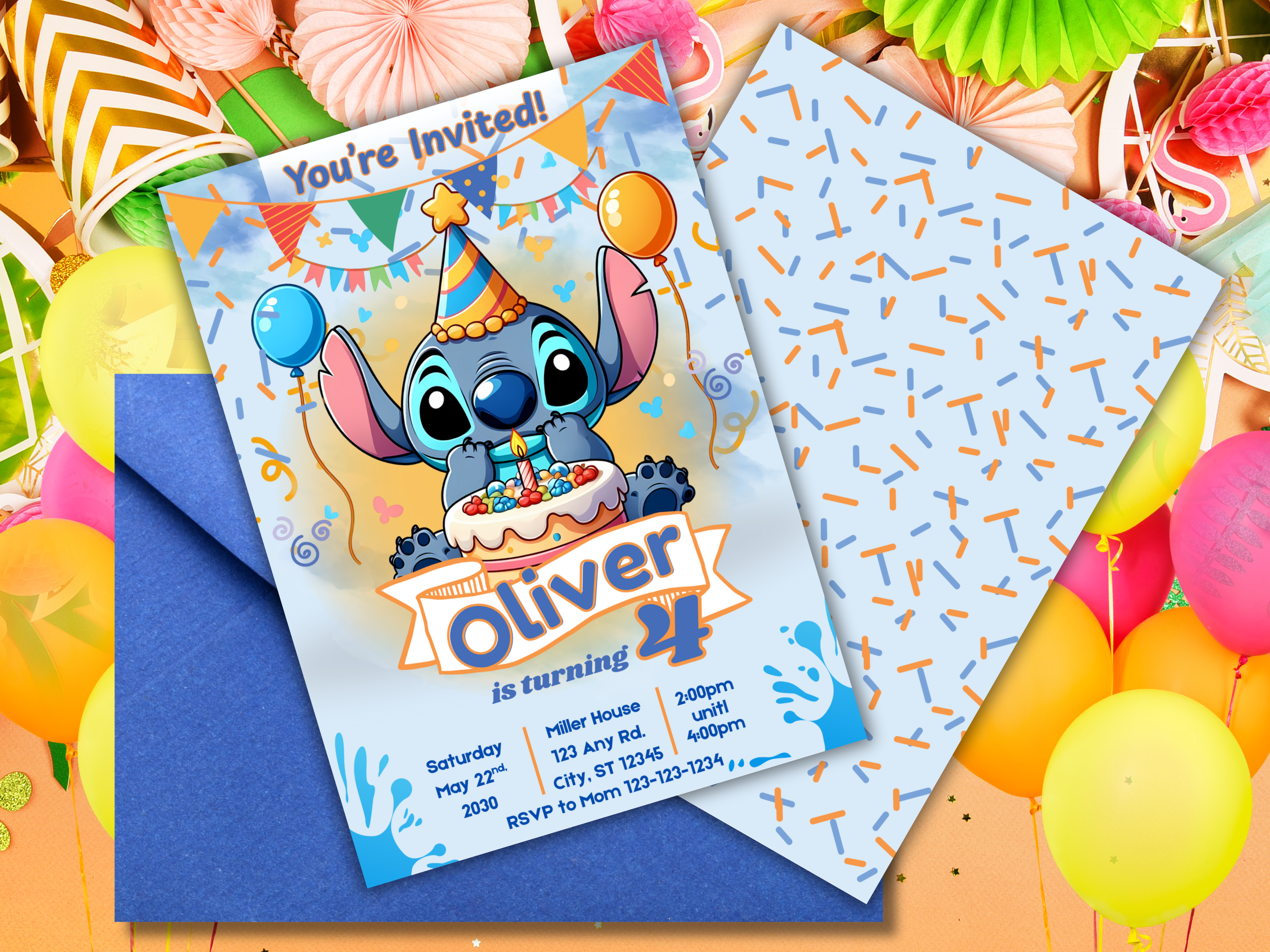 Blue Stitch Birthday Invitation Template | Editable Kids Party Invite | Printable Front & Back Design with Cute Stitch Balloons Decor