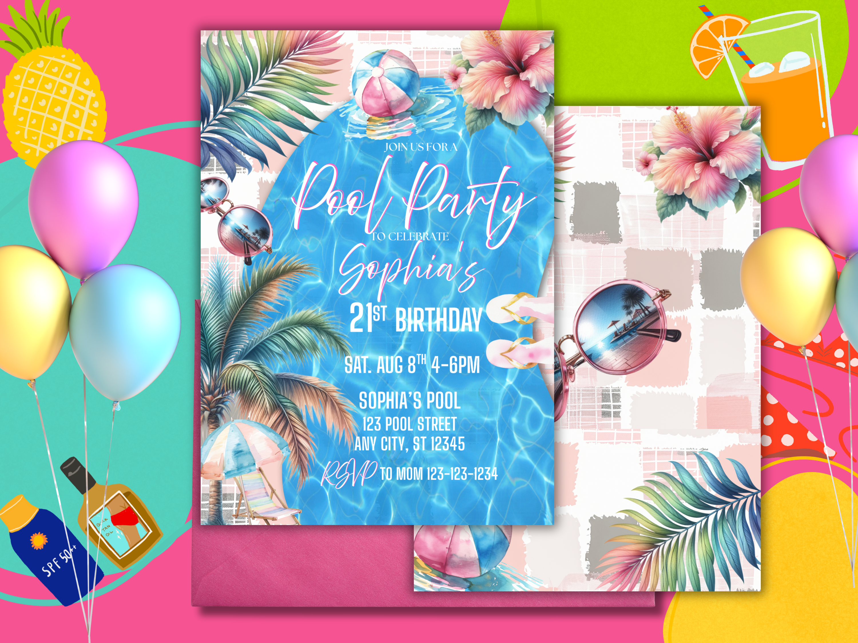 Pool Party Invitation, Girl 21st Birthday, Pastel Summer Swimming Birthday Invite, Digital Download, TB7