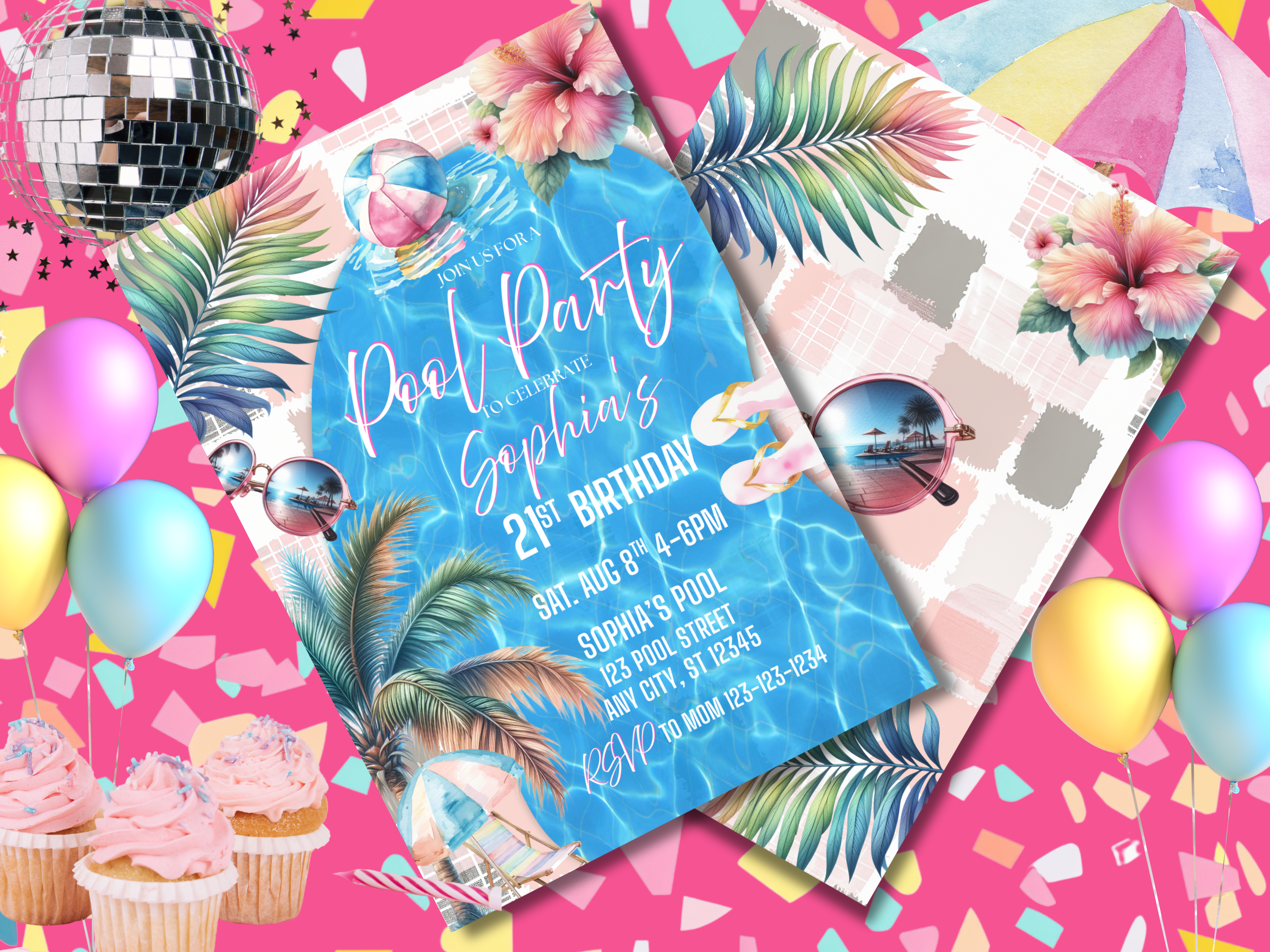 Pool Party Invitation, Girl 21st Birthday, Pastel Summer Swimming Birthday Invite, Digital Download, TB7