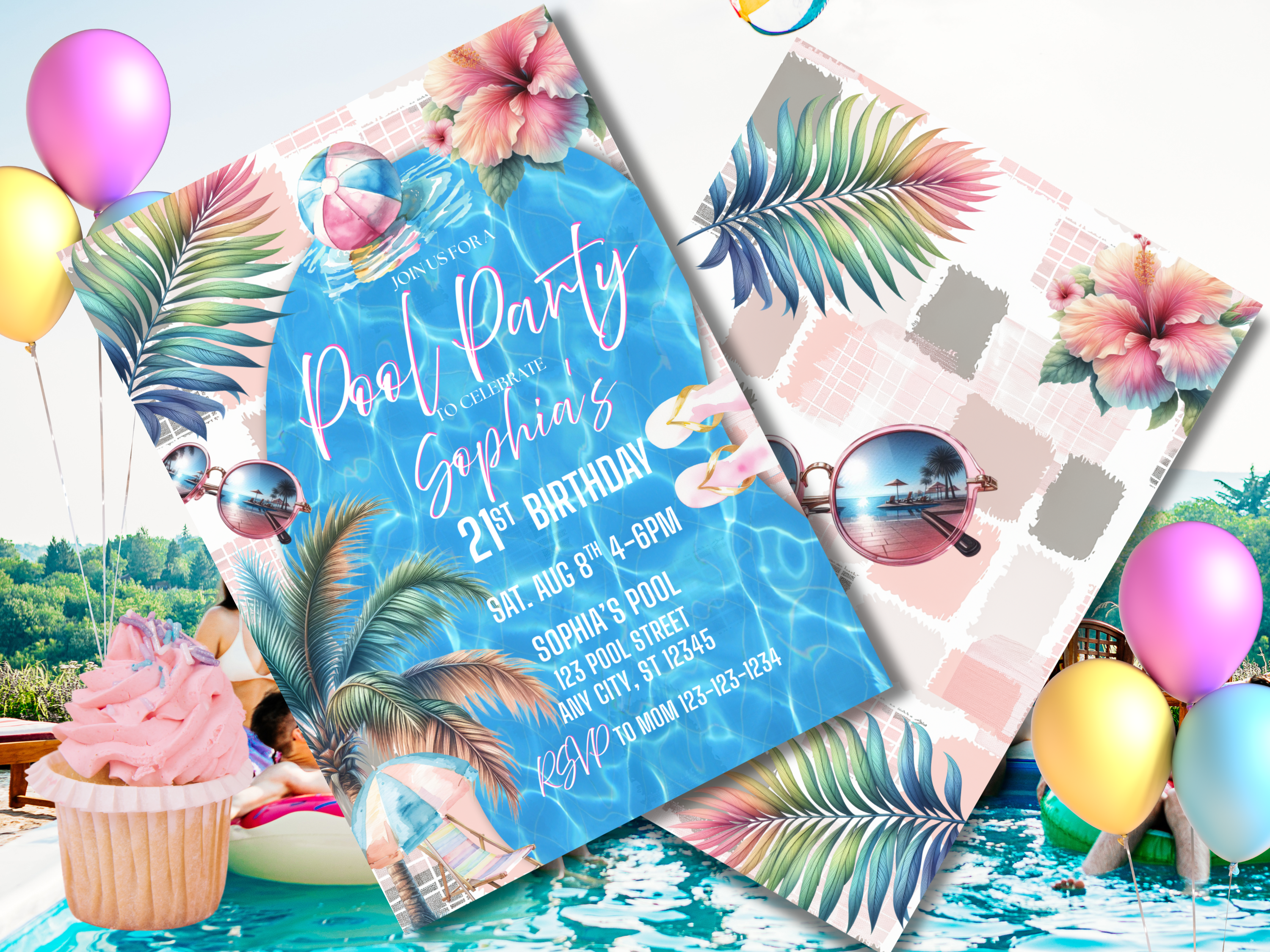 Pool Party Invitation, Girl 21st Birthday, Pastel Summer Swimming Birthday Invite, Digital Download, TB7