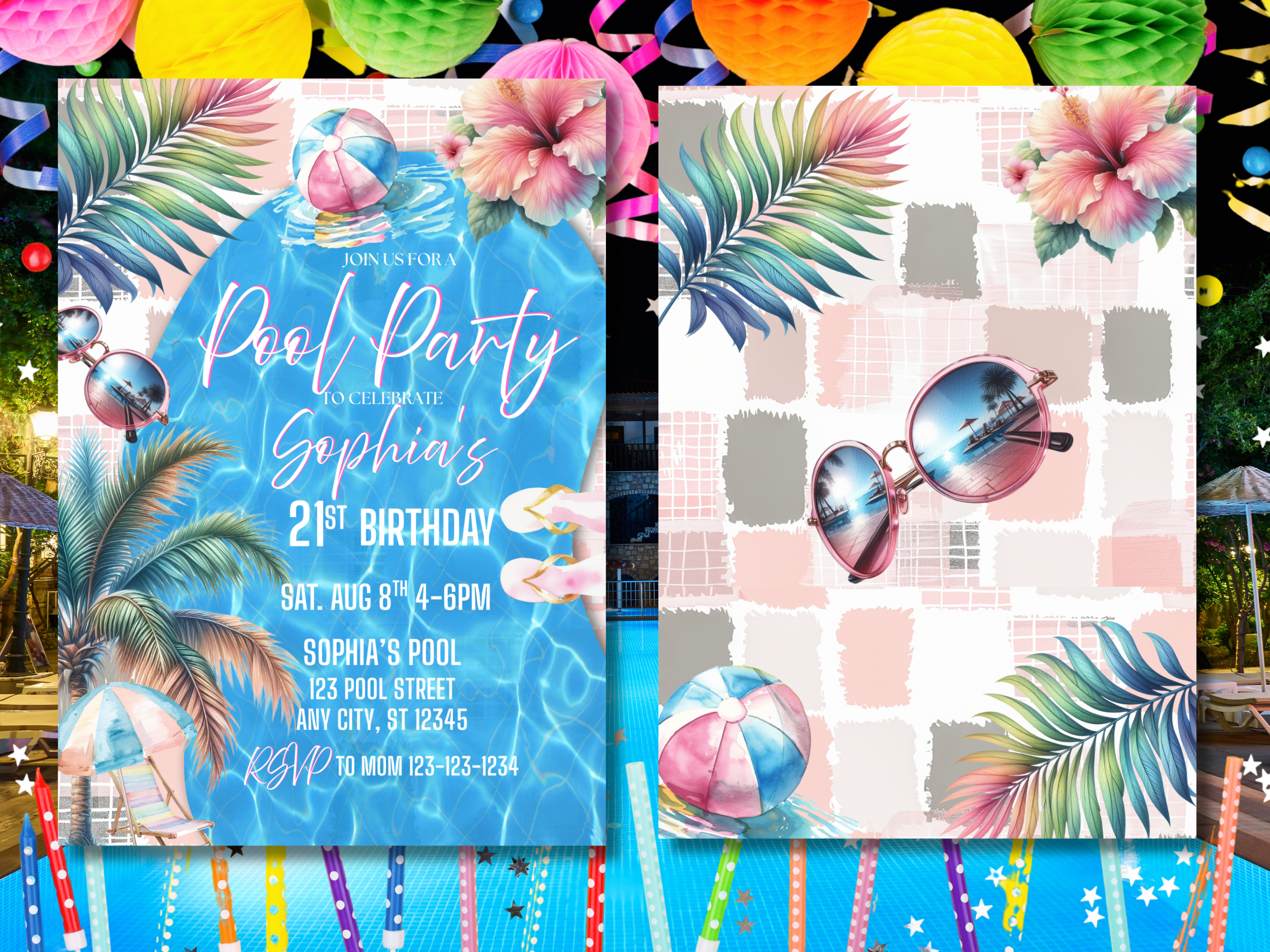 Pool Party Invitation, Girl 21st Birthday, Pastel Summer Swimming Birthday Invite, Digital Download, TB7