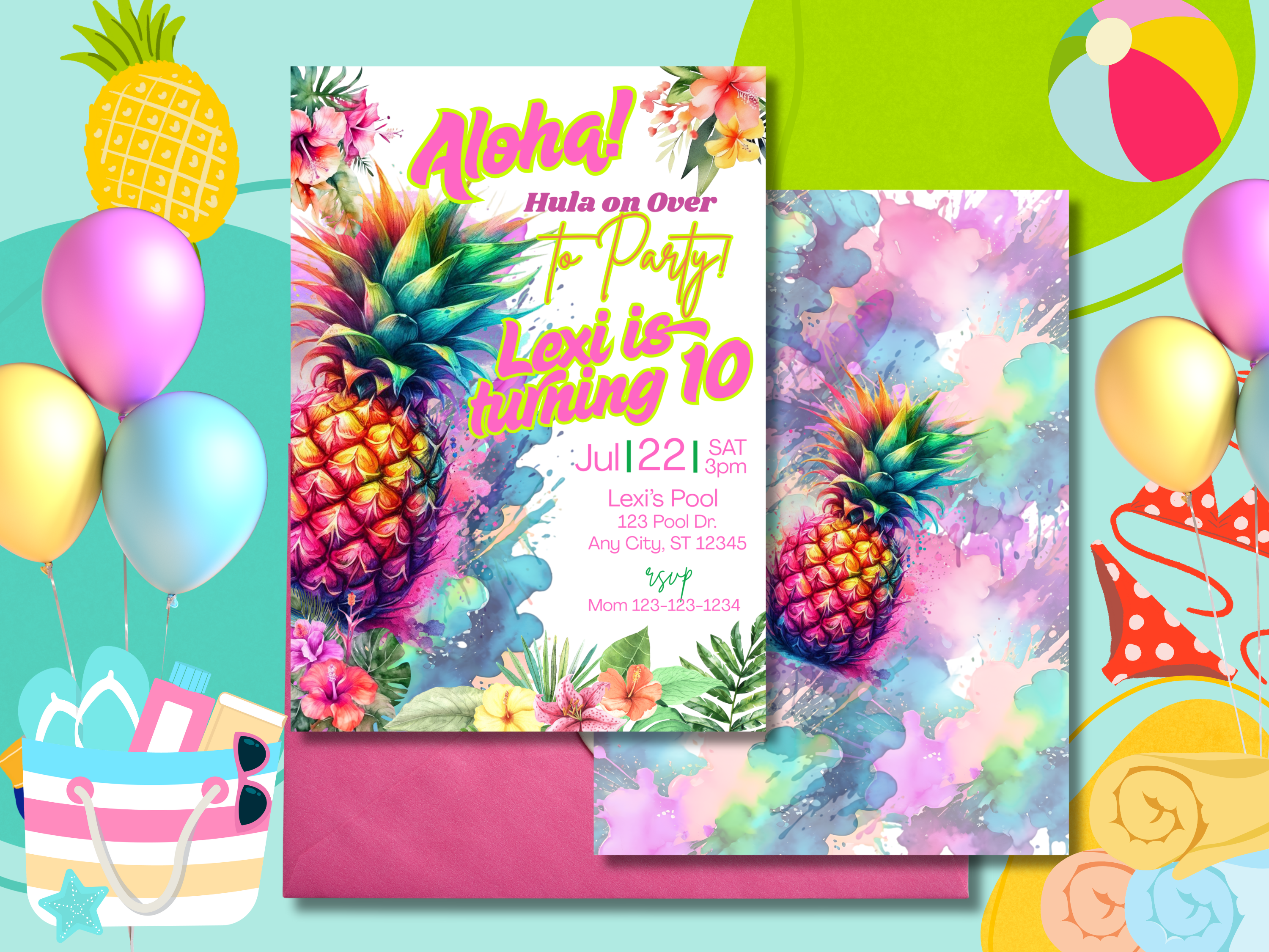 Pineapple Tropical Birthday Invitation Digital Download | Colorful Splash Hula Party Canva Template Digital Download, TB5