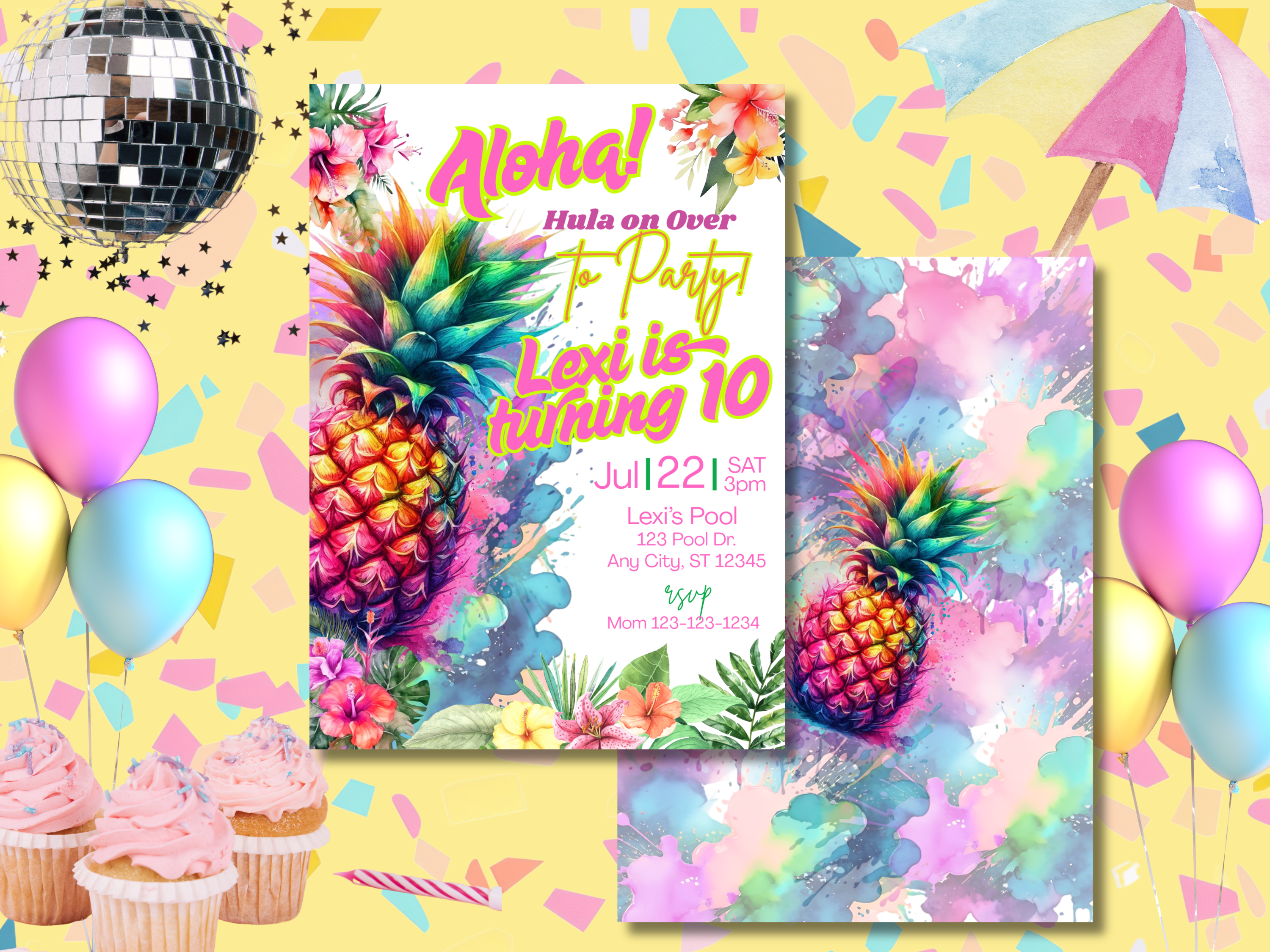 Pineapple Tropical Birthday Invitation Digital Download | Colorful Splash Hula Party Canva Template Digital Download, TB5