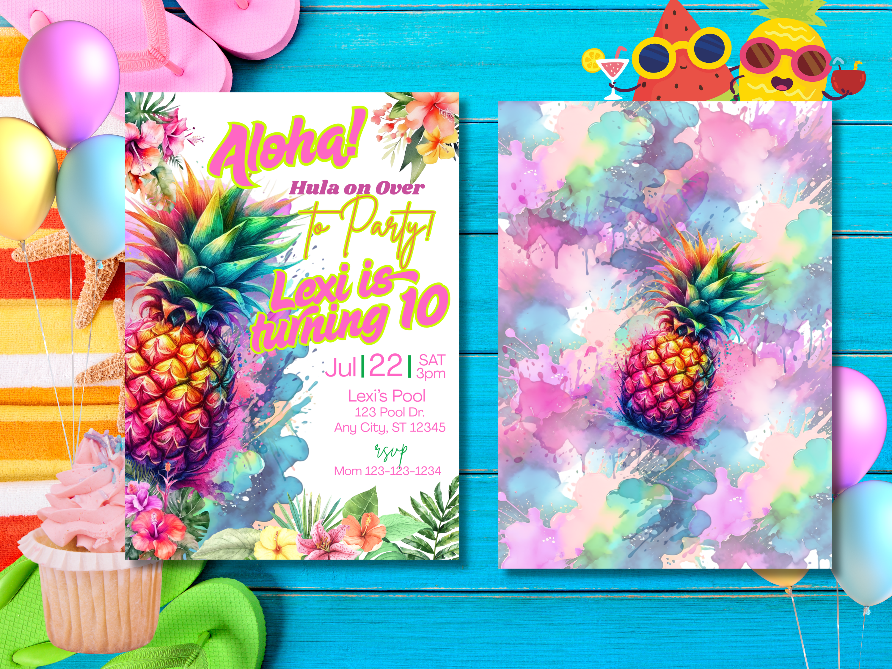 Pineapple Tropical Birthday Invitation Digital Download | Colorful Splash Hula Party Canva Template Digital Download, TB5