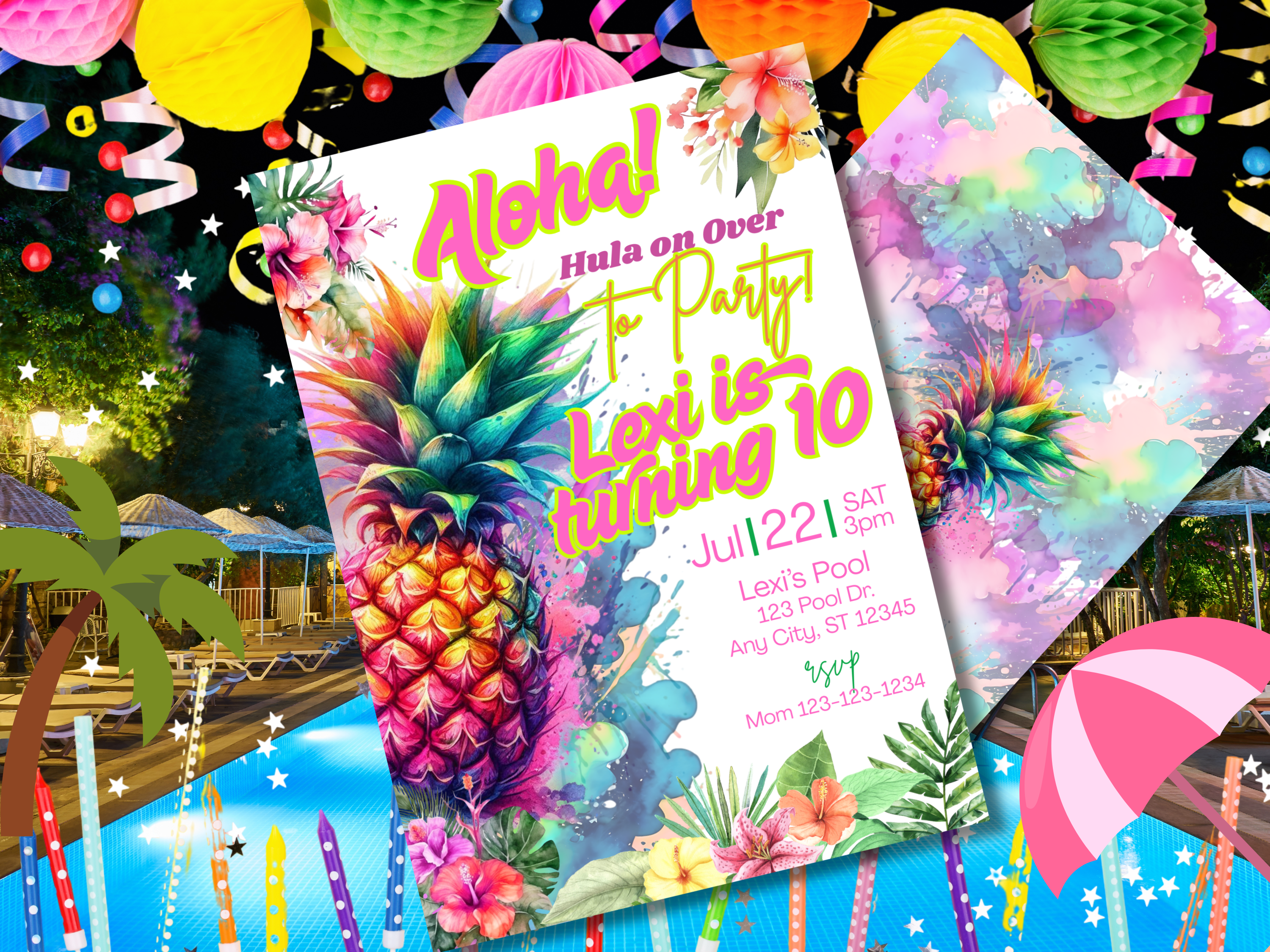 Pineapple Tropical Birthday Invitation Digital Download | Colorful Splash Hula Party Canva Template Digital Download, TB5