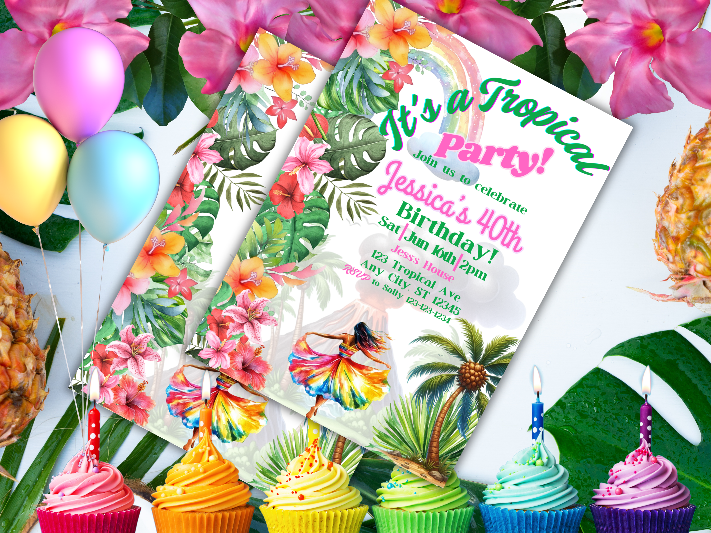 Tropical Birthday Party Invitation Colorful Luau Invite Palm Leaves Summer Beach Theme Editable TemplateTB1