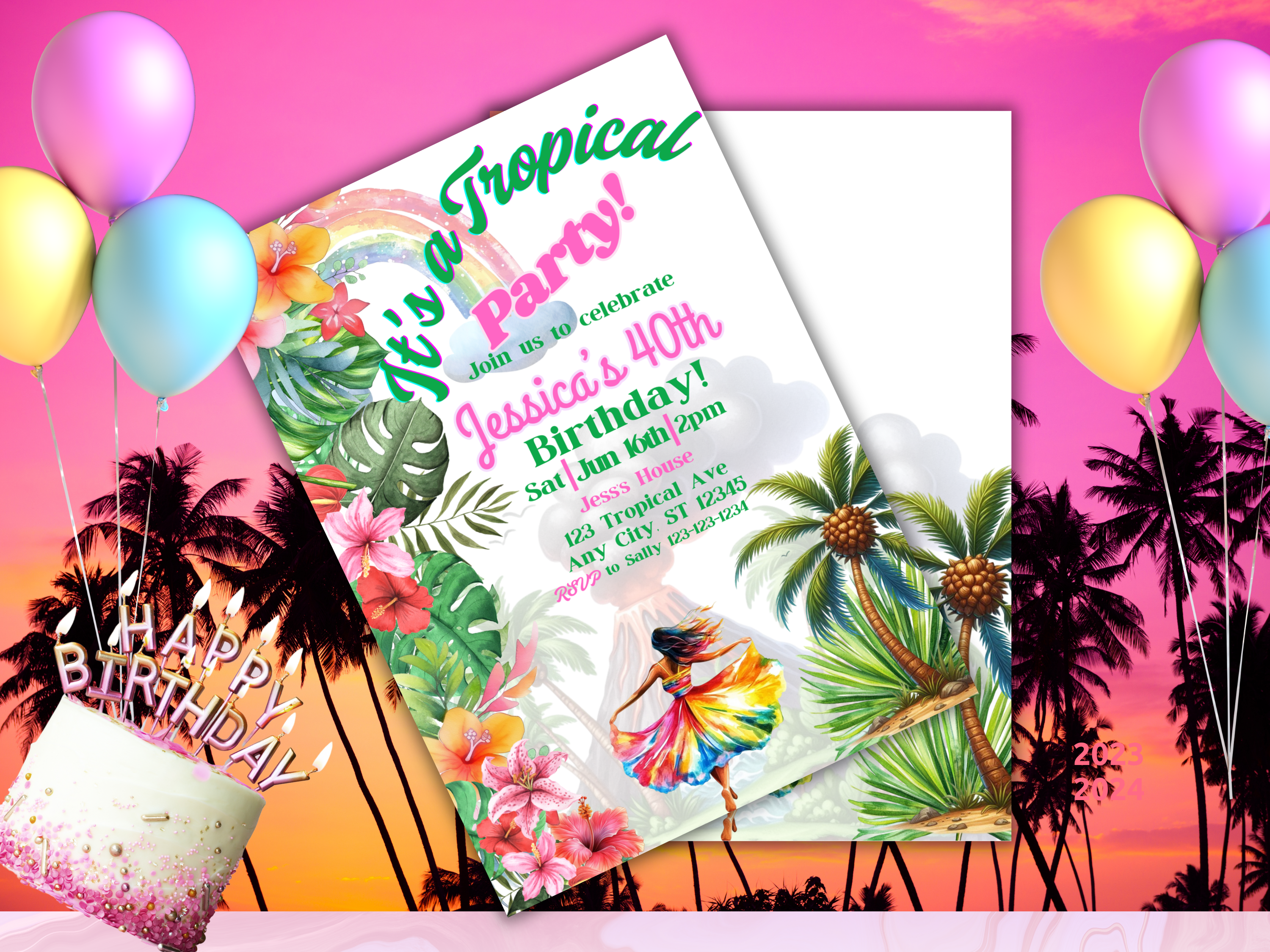 Tropical Birthday Party Invitation Colorful Luau Invite Palm Leaves Summer Beach Theme Editable TemplateTB1