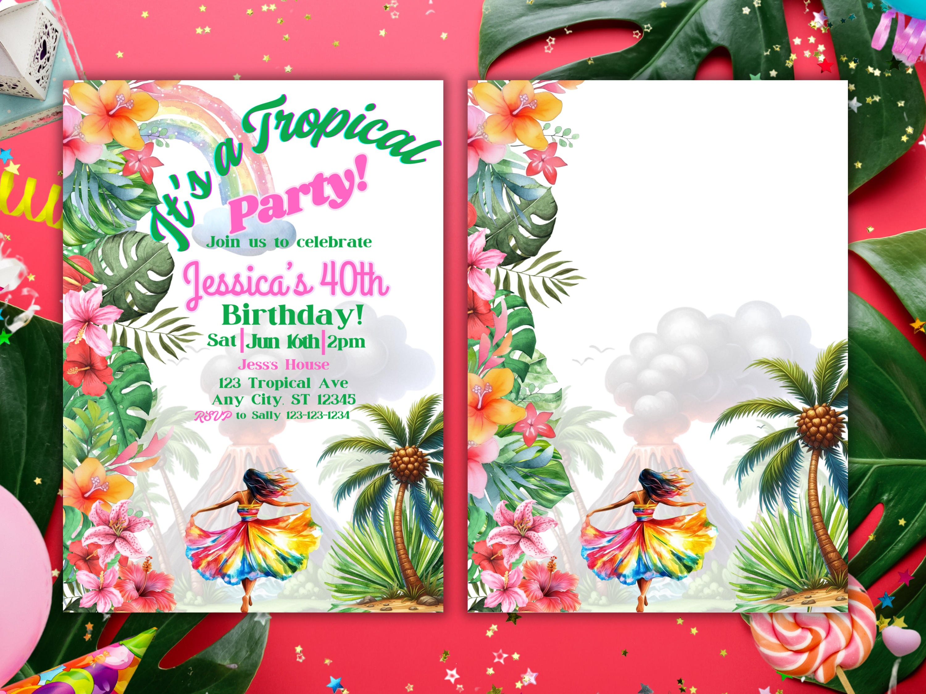 Tropical Birthday Party Invitation Colorful Luau Invite Palm Leaves Summer Beach Theme Editable TemplateTB1